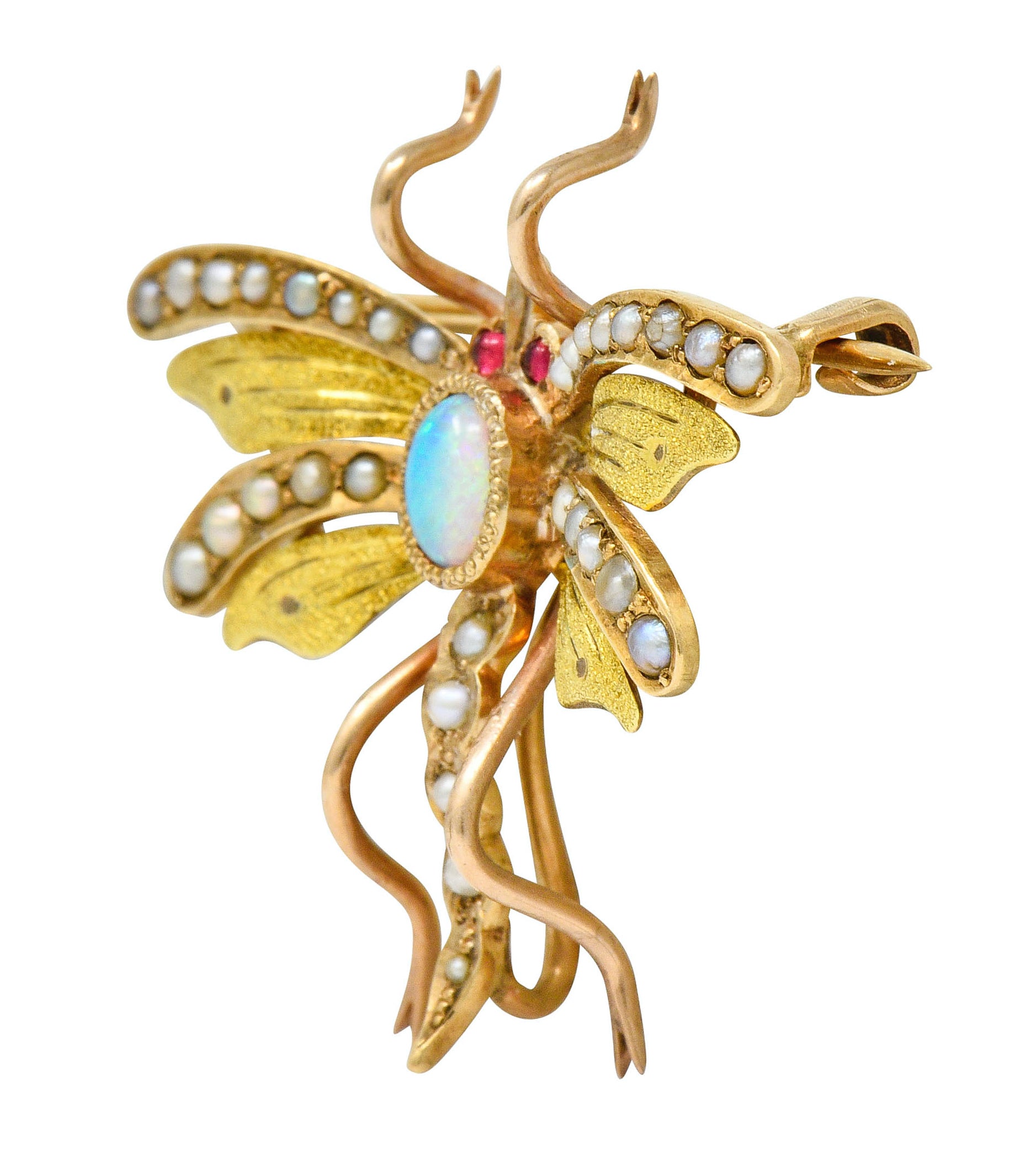 Art Nouveau Opal Pearl 14 Karat Two-Tone Gold Insect Pendant Brooch - Wilson's Estate Jewelry