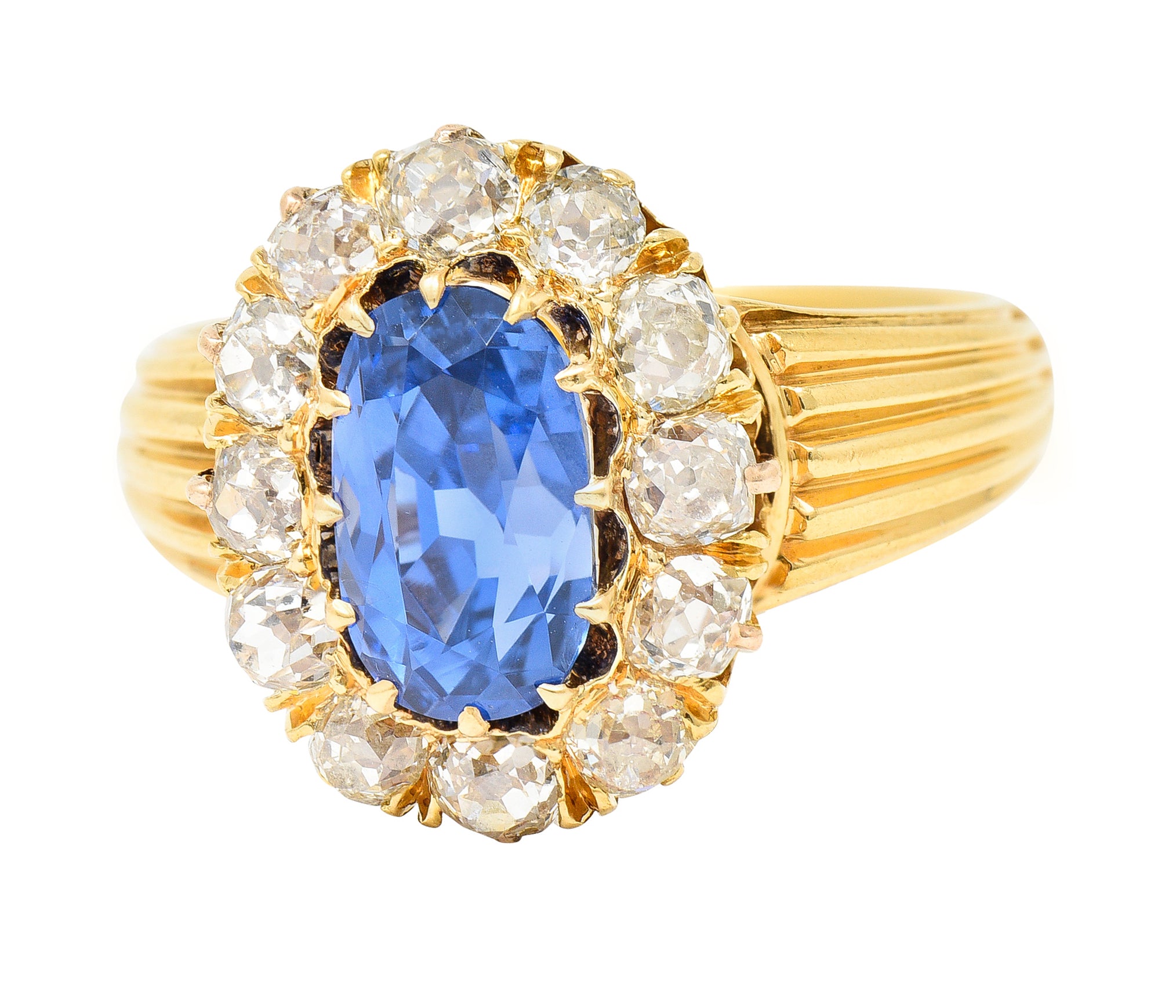 1867 Victorian 4.16 CTW Oval Cut No Heat Ceylon Sapphire Old Mine Cut Diamond 18 Karat Yellow Gold Antique Halo Ring GIA Wilson's Estate Jewelry