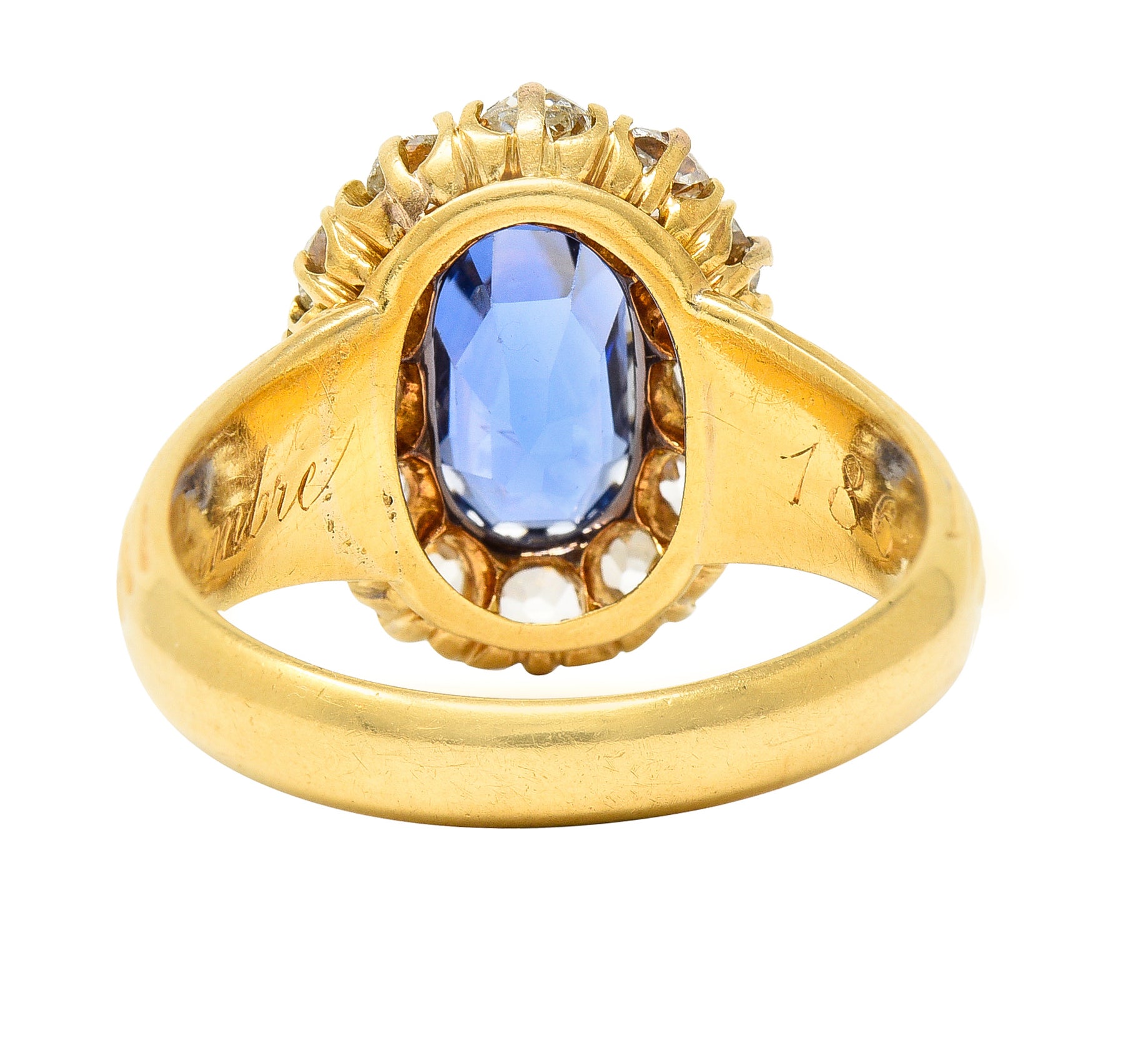 1867 Victorian 4.16 CTW Oval Cut No Heat Ceylon Sapphire Old Mine Cut Diamond 18 Karat Yellow Gold Antique Halo Ring GIA Wilson's Estate Jewelry