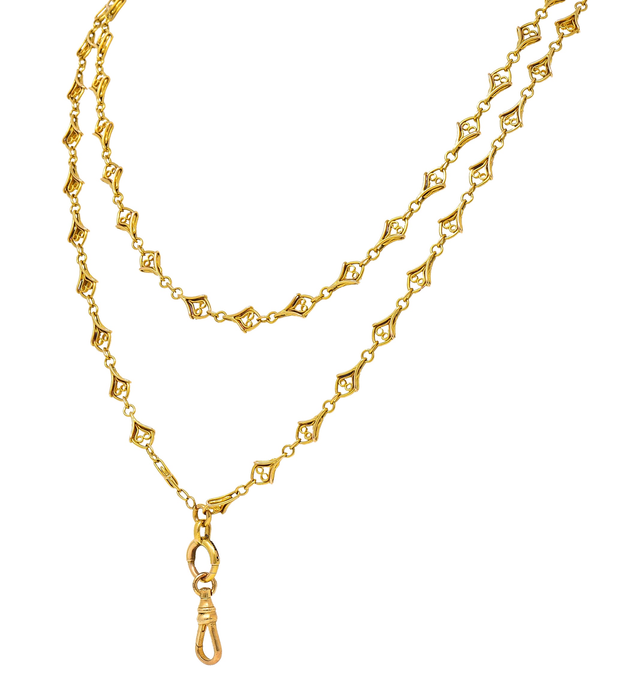 French Victorian 18 Karat Yellow Gold Heart 62 Inch Long Antique Chain Necklace Wilson's Estate Jewelry