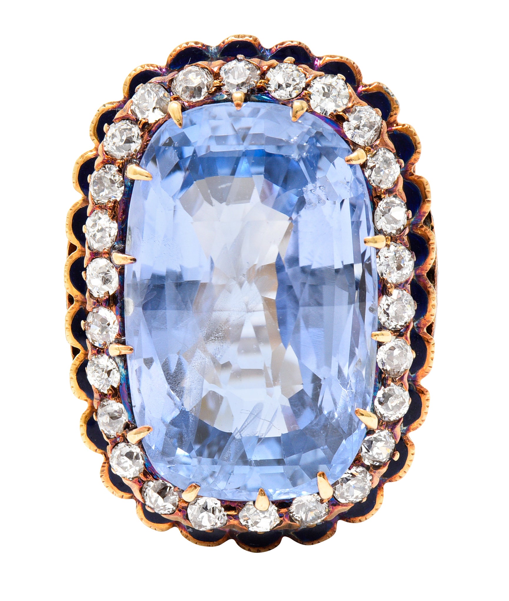 Art Deco 25.39 CTW Cushion Cut No-Heat Ceylon Sapphire Old European Cut Diamond 14 Karat Yellow Gold Enamel Laurel Antique Halo Ring GIA Wilson's Estate Jewelry