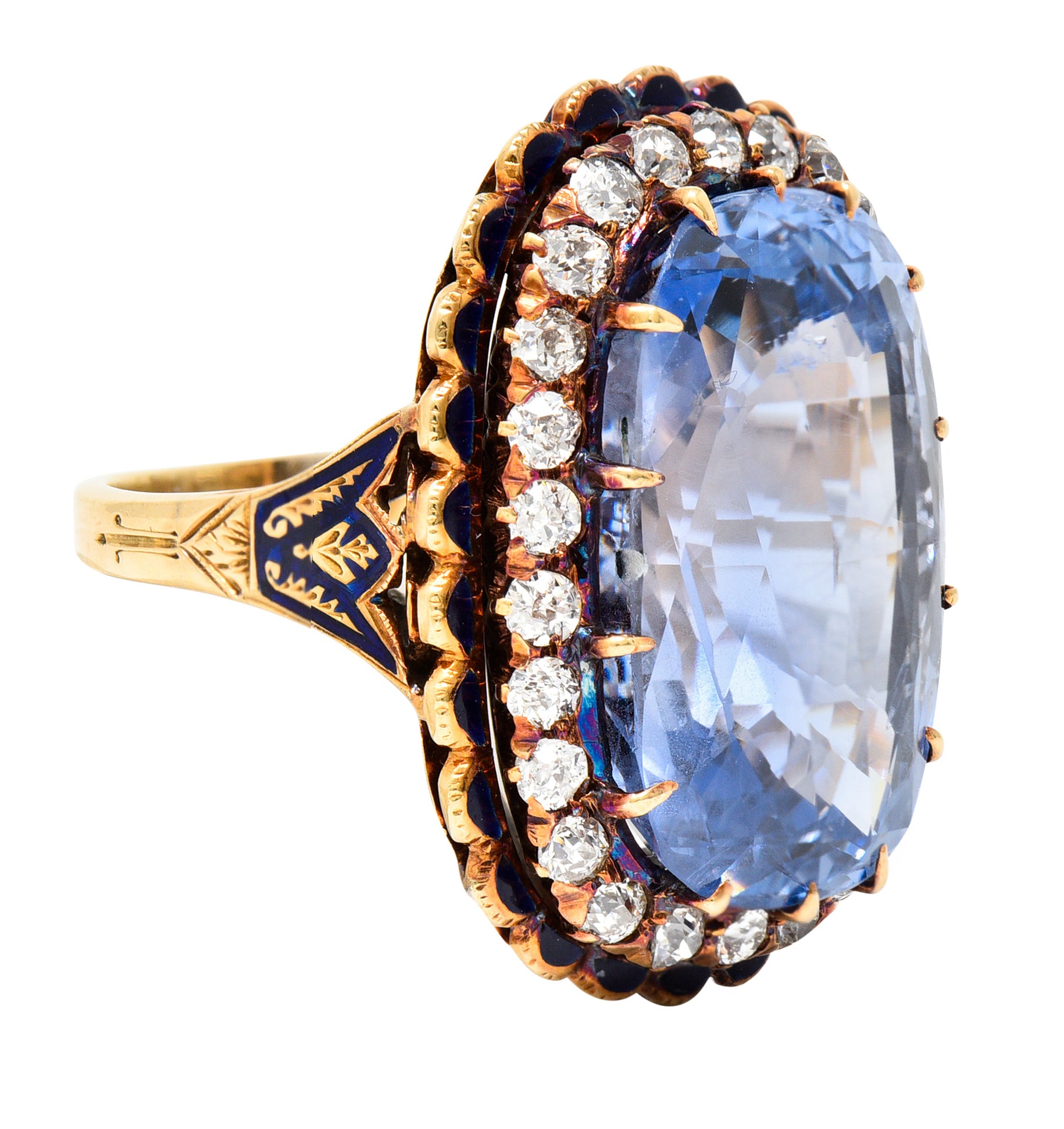 Art Deco 25.39 CTW Cushion Cut No-Heat Ceylon Sapphire Old European Cut Diamond 14 Karat Yellow Gold Enamel Laurel Antique Halo Ring GIA Wilson's Estate Jewelry