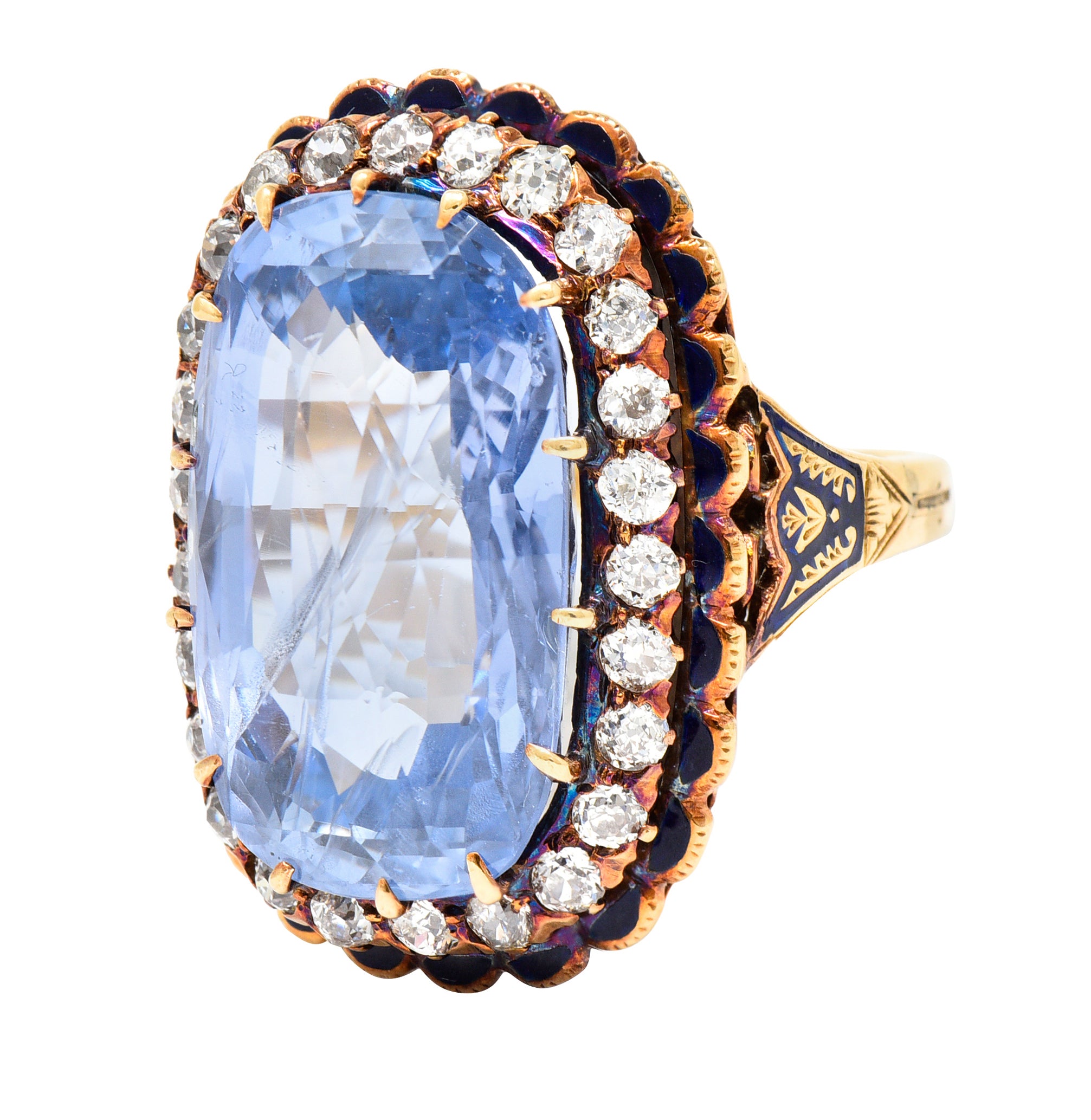 Art Deco 25.39 CTW Cushion Cut No-Heat Ceylon Sapphire Old European Cut Diamond 14 Karat Yellow Gold Enamel Laurel Antique Halo Ring GIA Wilson's Estate Jewelry