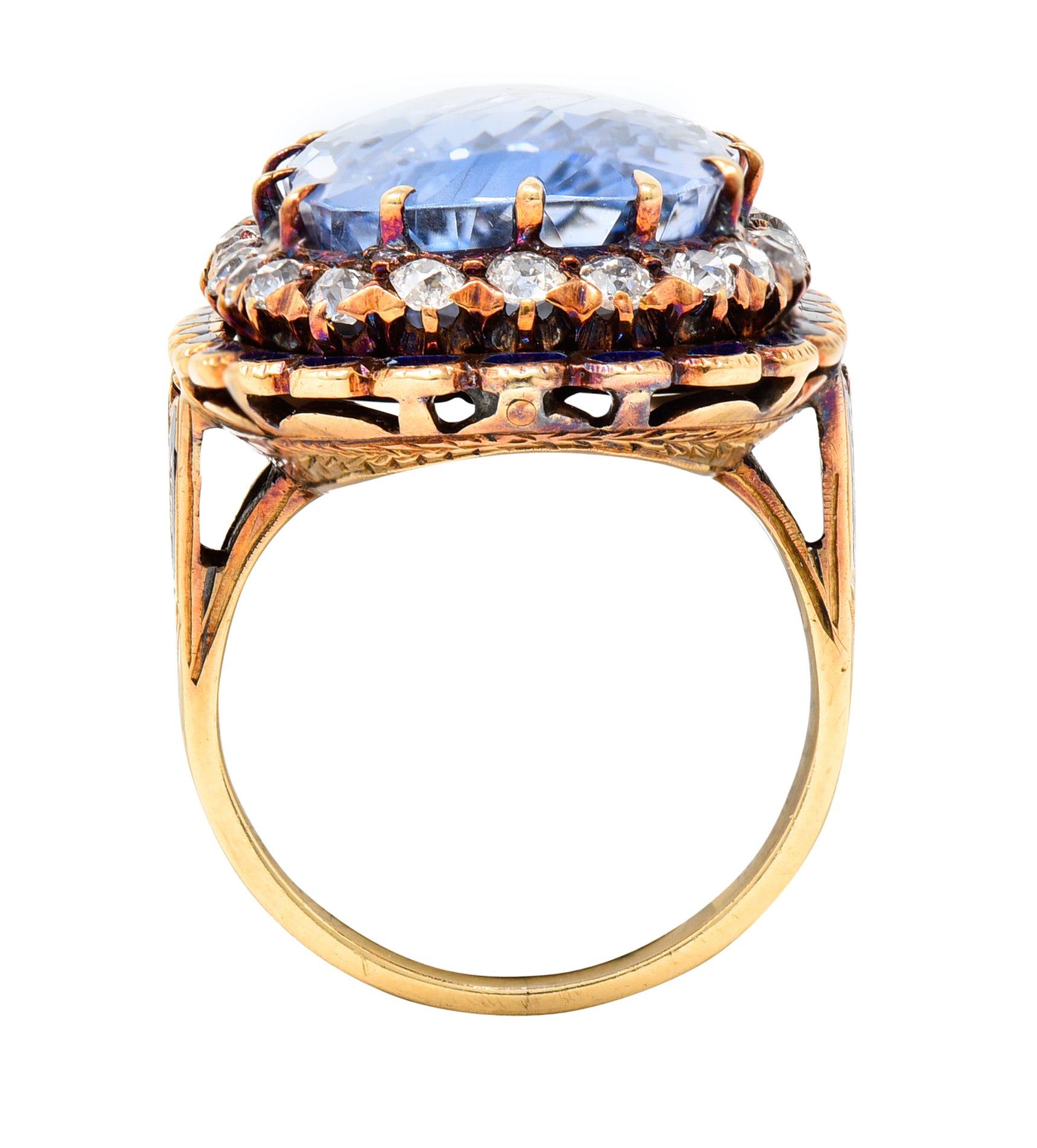 Art Deco 25.39 CTW Cushion Cut No-Heat Ceylon Sapphire Old European Cut Diamond 14 Karat Yellow Gold Enamel Laurel Antique Halo Ring GIA Wilson's Estate Jewelry