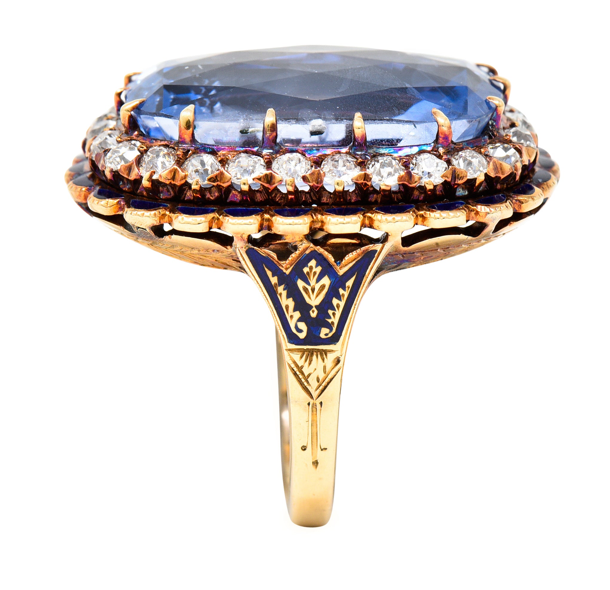 Art Deco 25.39 CTW Cushion Cut No-Heat Ceylon Sapphire Old European Cut Diamond 14 Karat Yellow Gold Enamel Laurel Antique Halo Ring GIA Wilson's Estate Jewelry