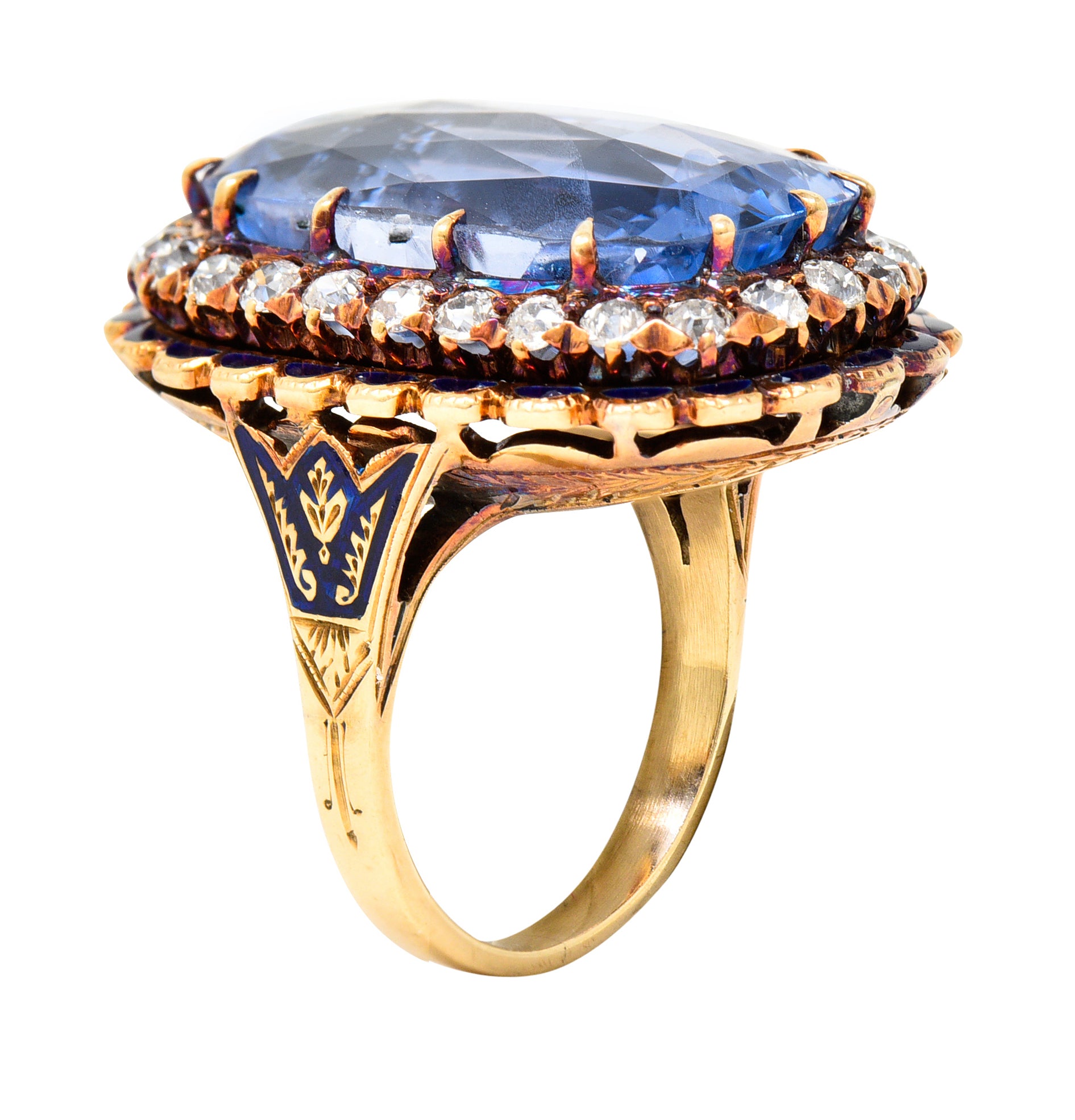 Art Deco 25.39 CTW Cushion Cut No-Heat Ceylon Sapphire Old European Cut Diamond 14 Karat Yellow Gold Enamel Laurel Antique Halo Ring GIA Wilson's Estate Jewelry