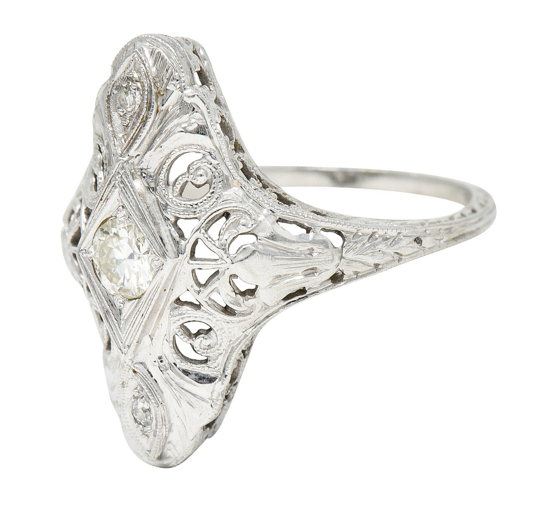 1920's Art Deco 0.30 CTW Diamond 18 Karat White Gold Lotus Dinner RingRing - Wilson's Estate Jewelry