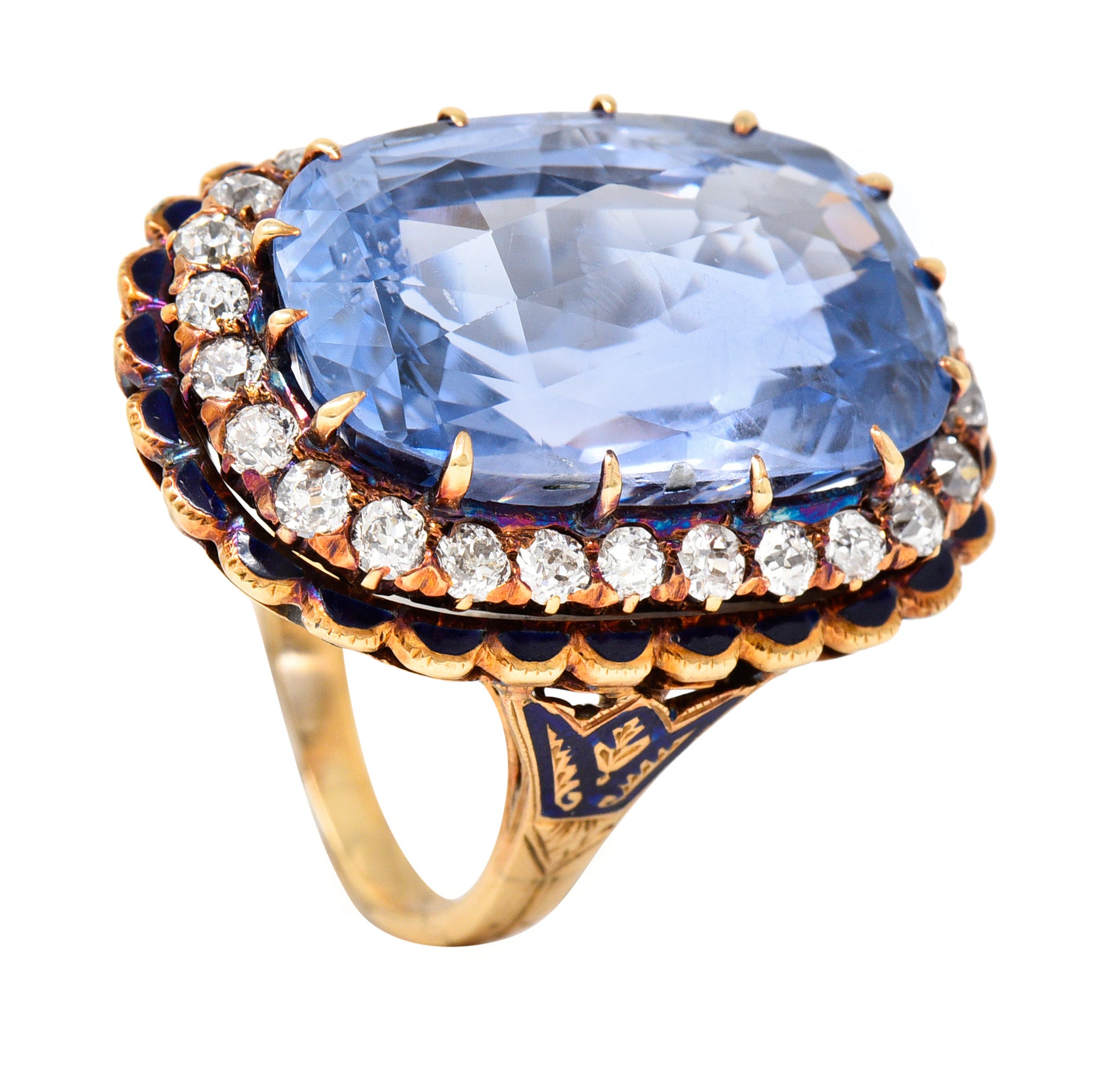 Art Deco 25.39 CTW Cushion Cut No-Heat Ceylon Sapphire Old European Cut Diamond 14 Karat Yellow Gold Enamel Laurel Antique Halo Ring GIA Wilson's Estate Jewelry