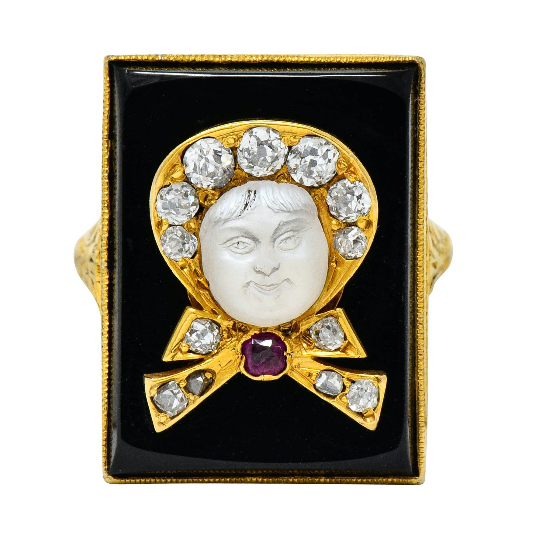 Victorian Moonstone Diamond Ruby Onyx Platinum Gold Carved Baby Face Ring - Wilson's Estate Jewelry