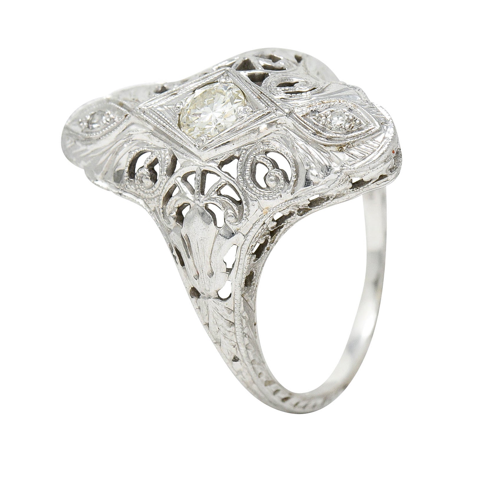 1920's Art Deco 0.30 CTW Diamond 18 Karat White Gold Lotus Dinner RingRing - Wilson's Estate Jewelry