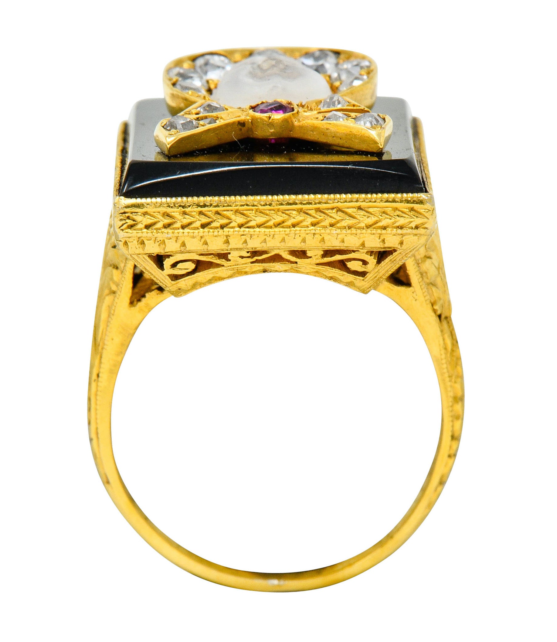 Victorian Moonstone Diamond Ruby Onyx Platinum Gold Carved Baby Face Ring - Wilson's Estate Jewelry