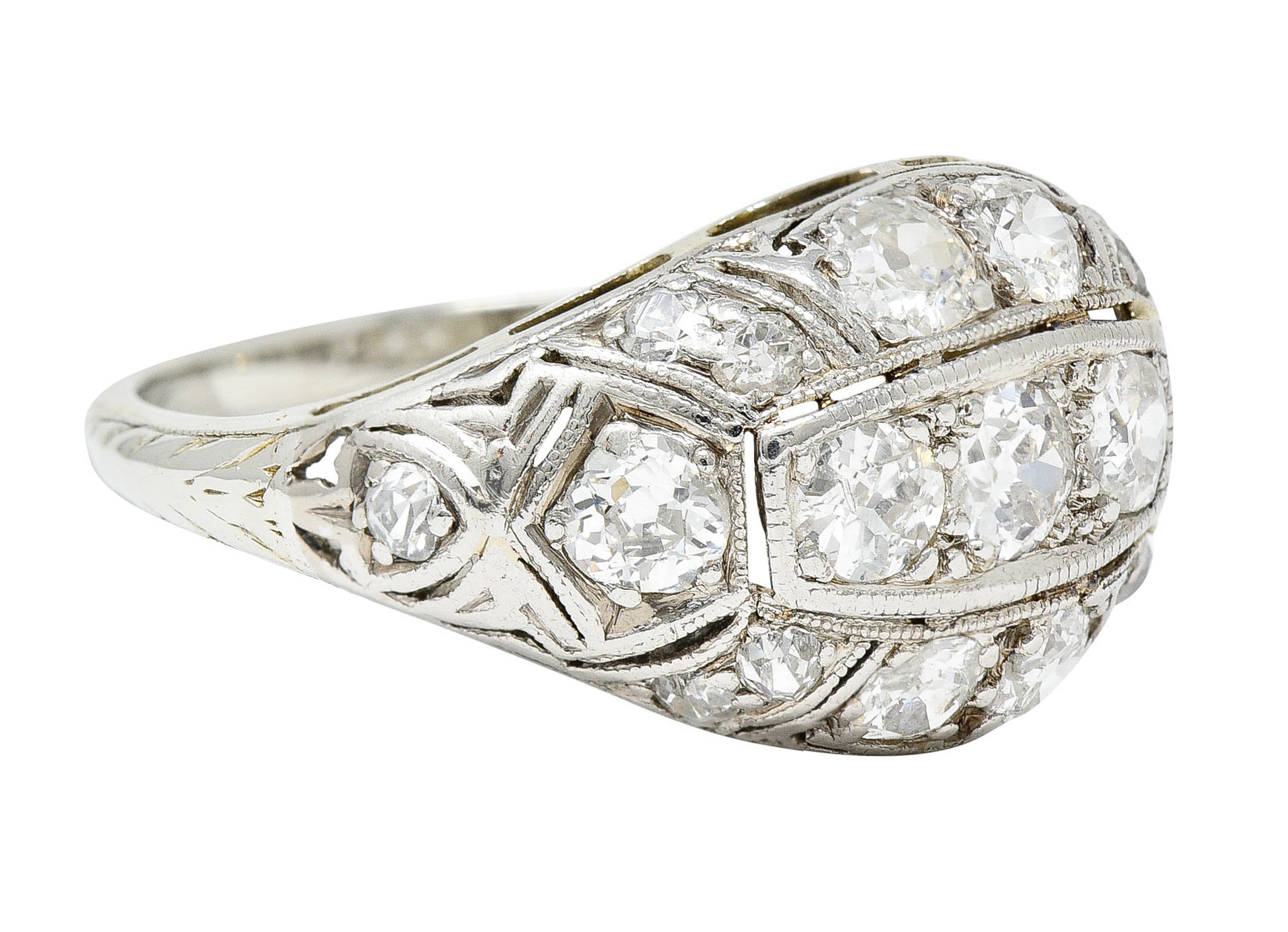 Edwardian 1.55 CTW Diamond 18 Karat White Gold Bombe Band RingRing - Wilson's Estate Jewelry