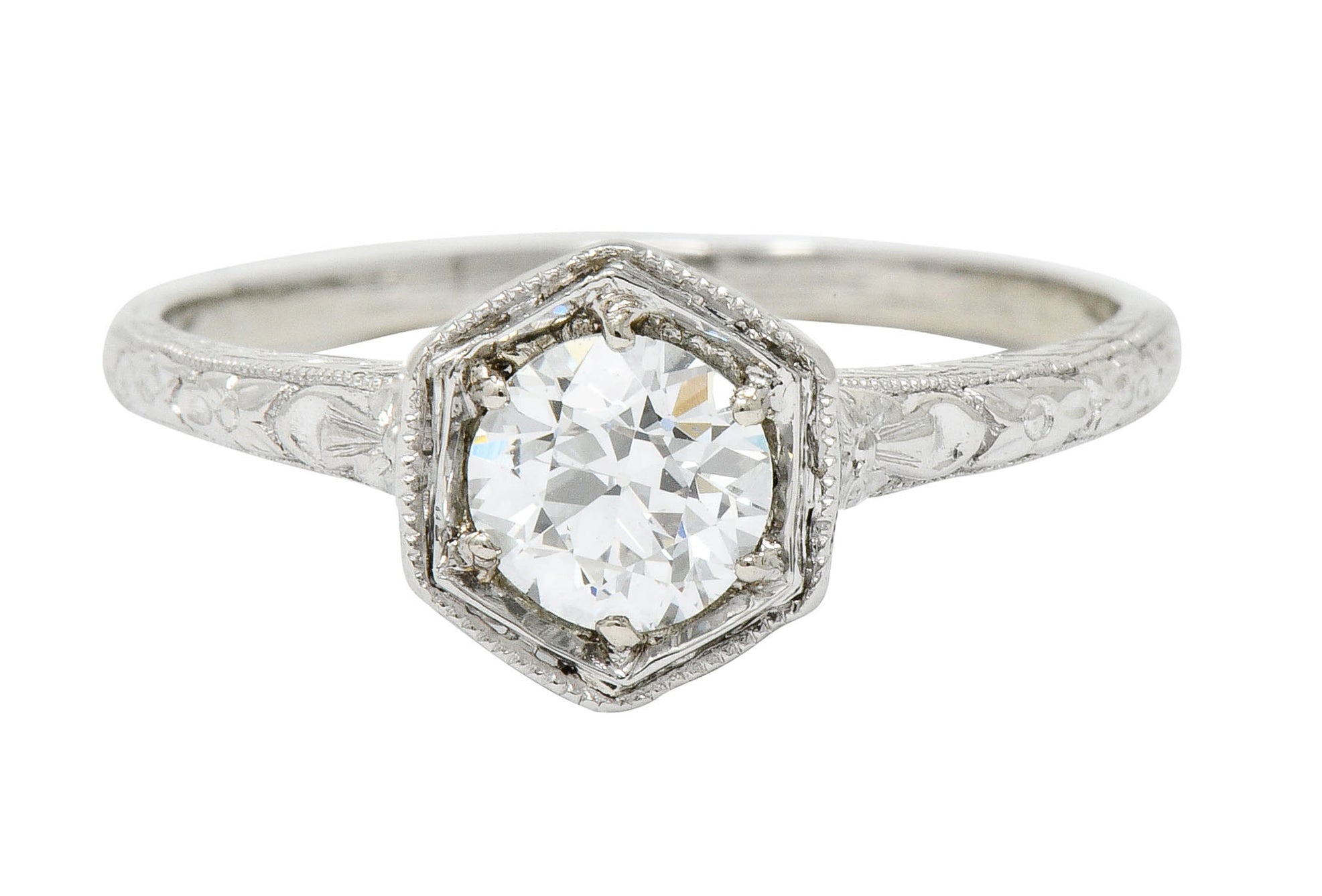 Edwardian 0.65 CTW Diamond Platinum Floral Hexagonal Engagement Ring - Wilson's Estate Jewelry