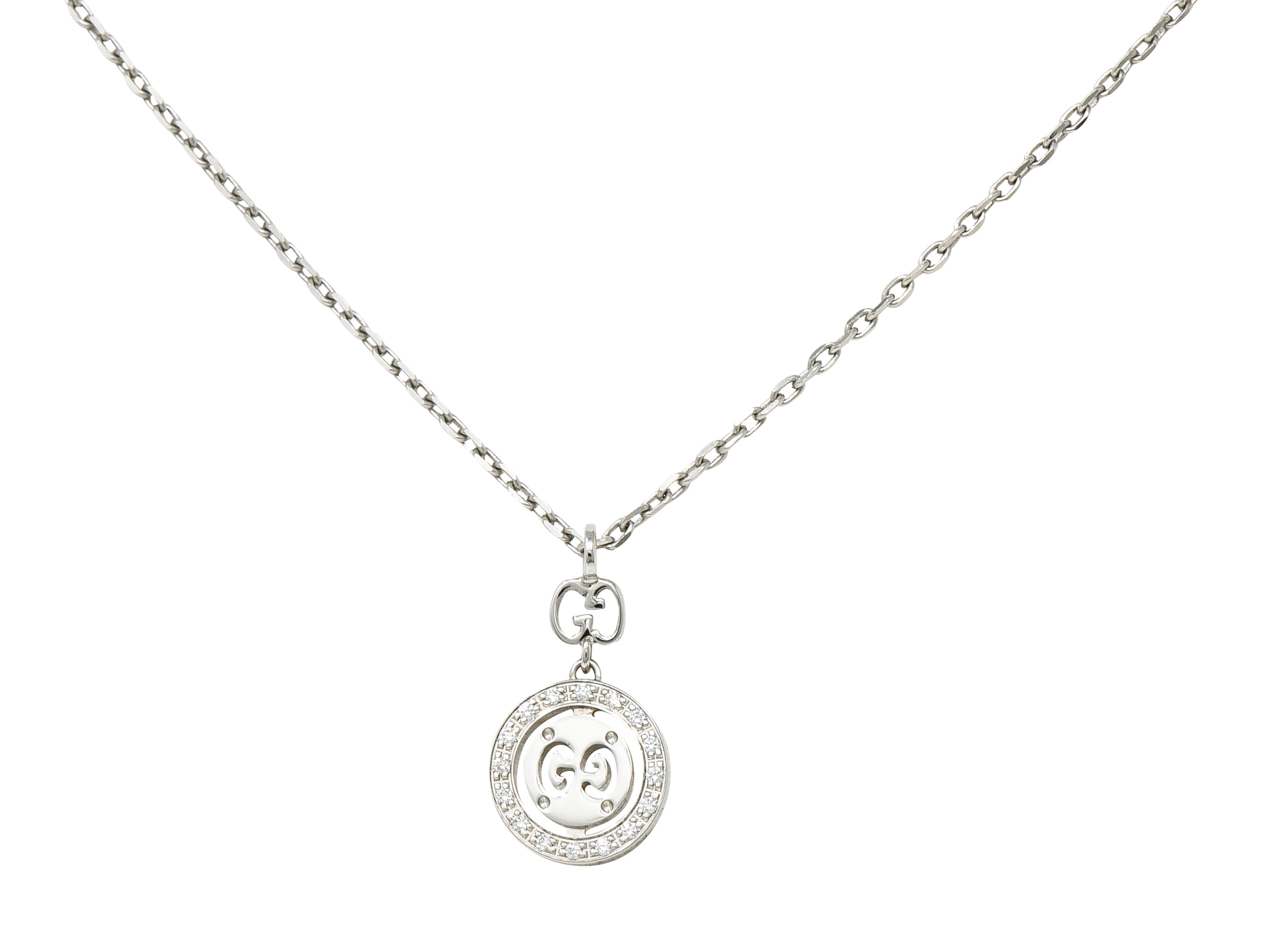 Gucci 2000 Diamond 18 Karat White Gold Double GG Twirl Brit Vintage Pendant Necklace Wilson's Estate Jewelry