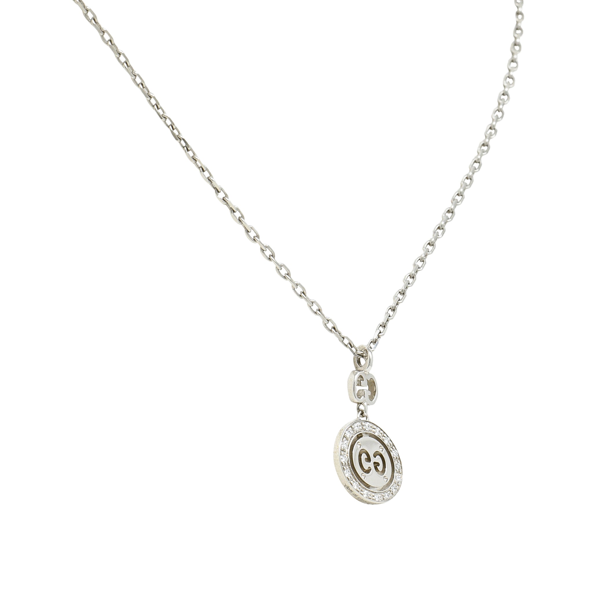 Gucci 2000 Diamond 18 Karat White Gold Double GG Twirl Brit Vintage Pendant Necklace Wilson's Estate Jewelry