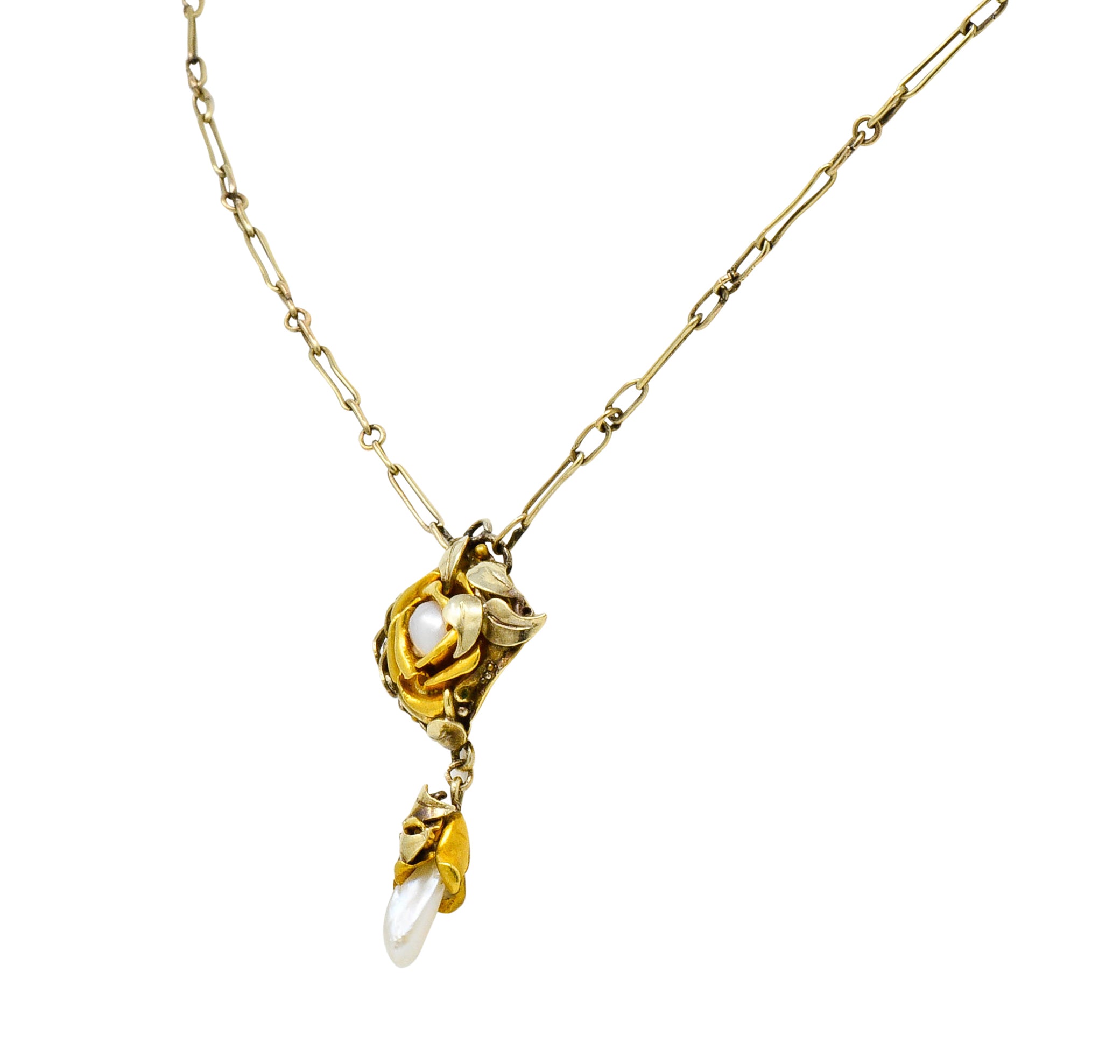 Arts & Crafts Pearl 14 Karat Two-Tone Gold Rose Drop NecklaceNecklace - Wilson's Estate Jewelry