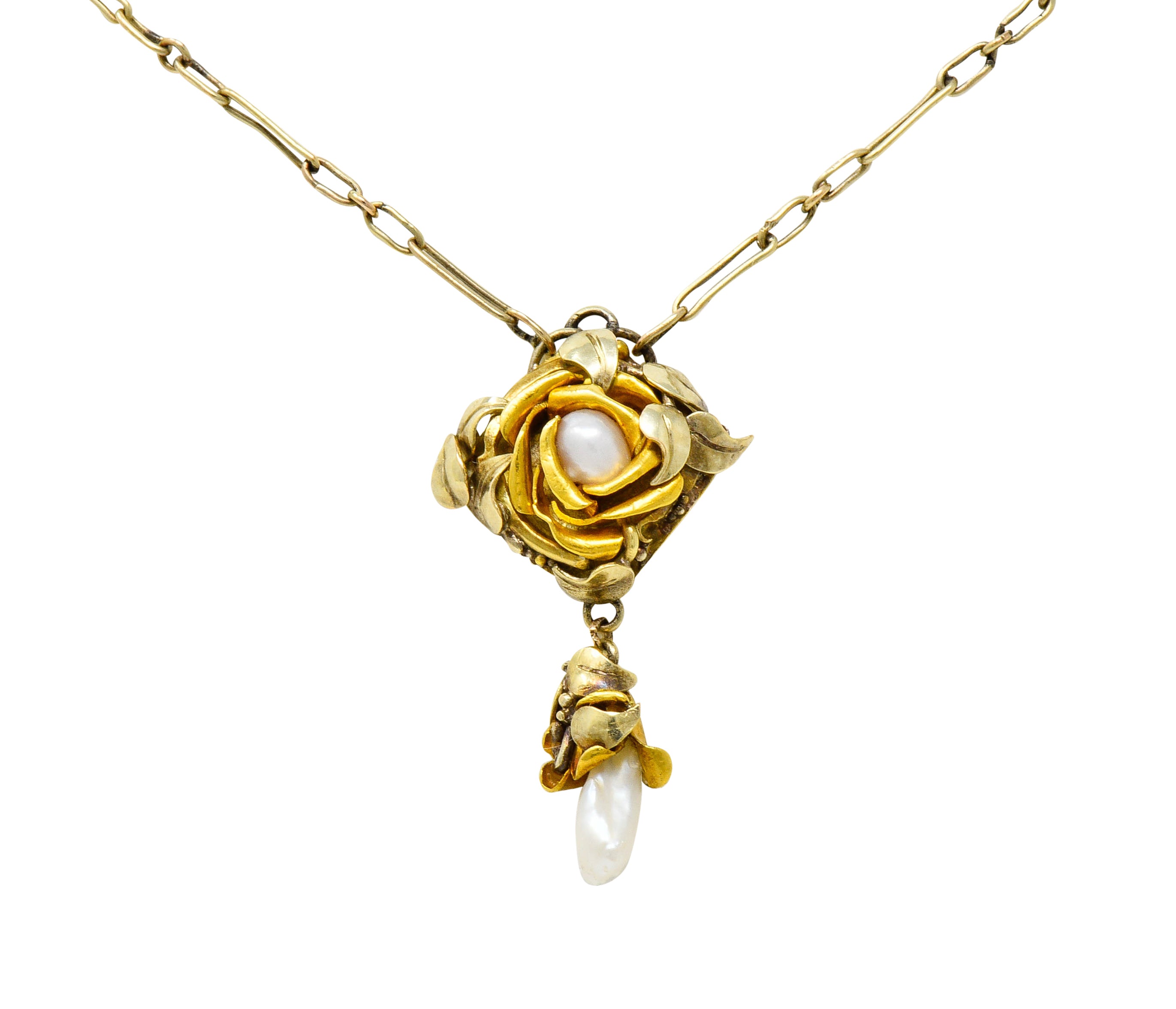 Arts & Crafts Pearl 14 Karat Two-Tone Gold Rose Drop NecklaceNecklace - Wilson's Estate Jewelry