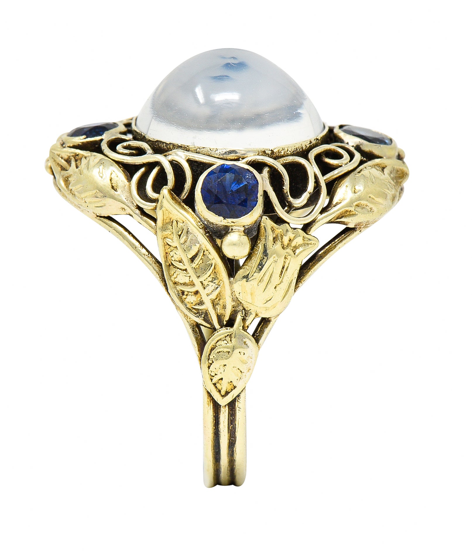 Arts & Crafts Moonstone 1.00 CTW Sapphire 14 Karat Green Gold Floral RingRing - Wilson's Estate Jewelry