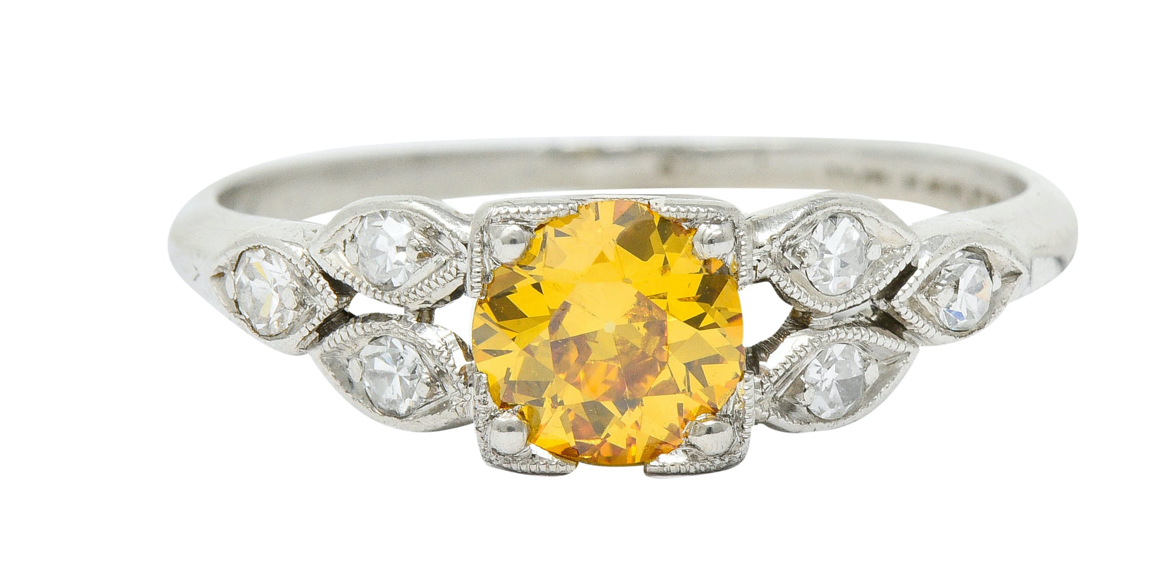 Retro 0.60 CTW Orange-Yellow & White Diamond Platinum Engagement Ring GIARing - Wilson's Estate Jewelry