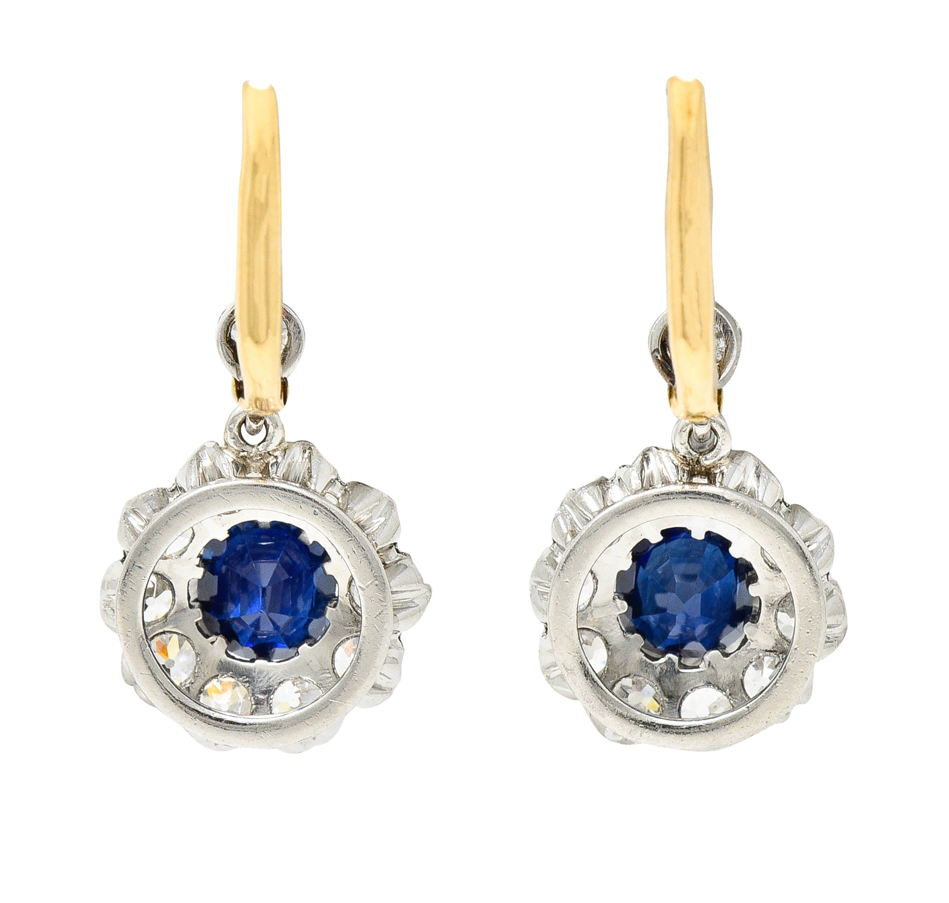 Edwardian 2.95 CTW Cushion Cut No Heat Cambodian Sapphire Old European Cut Diamond Platinum Cluster Antique Drop Earrings GIA Wilson's Estate Jewelry