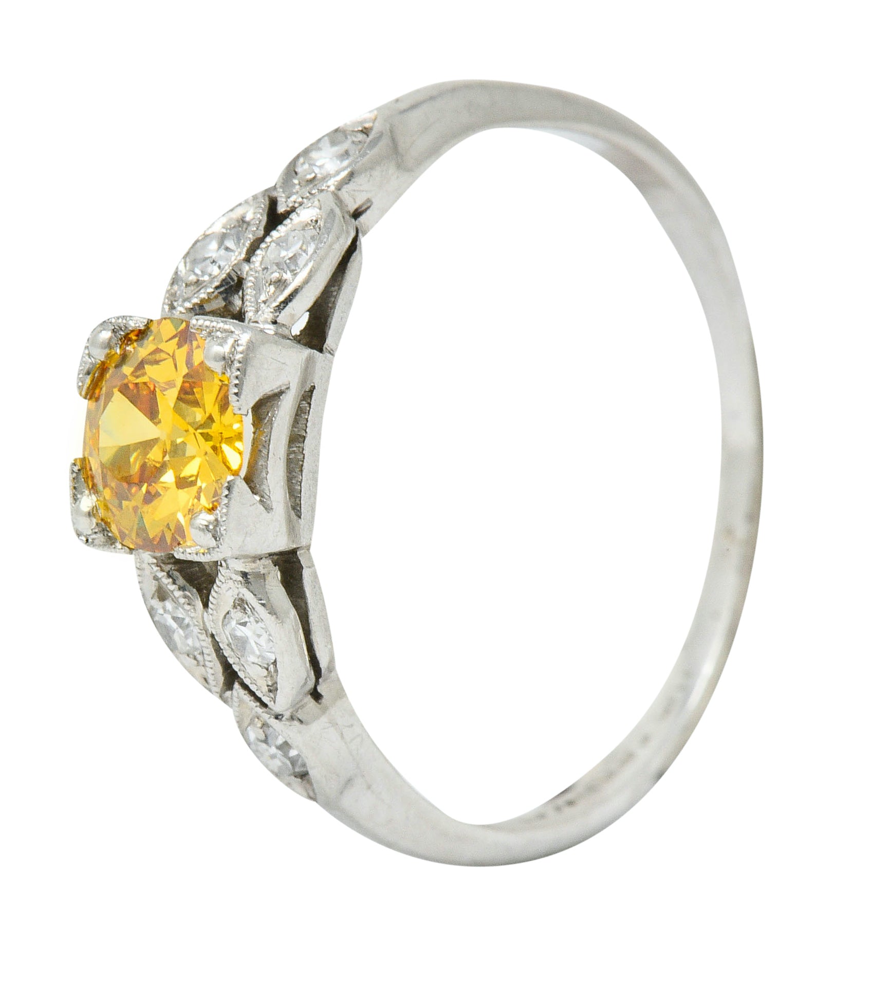 Retro 0.60 CTW Orange-Yellow & White Diamond Platinum Engagement Ring GIARing - Wilson's Estate Jewelry