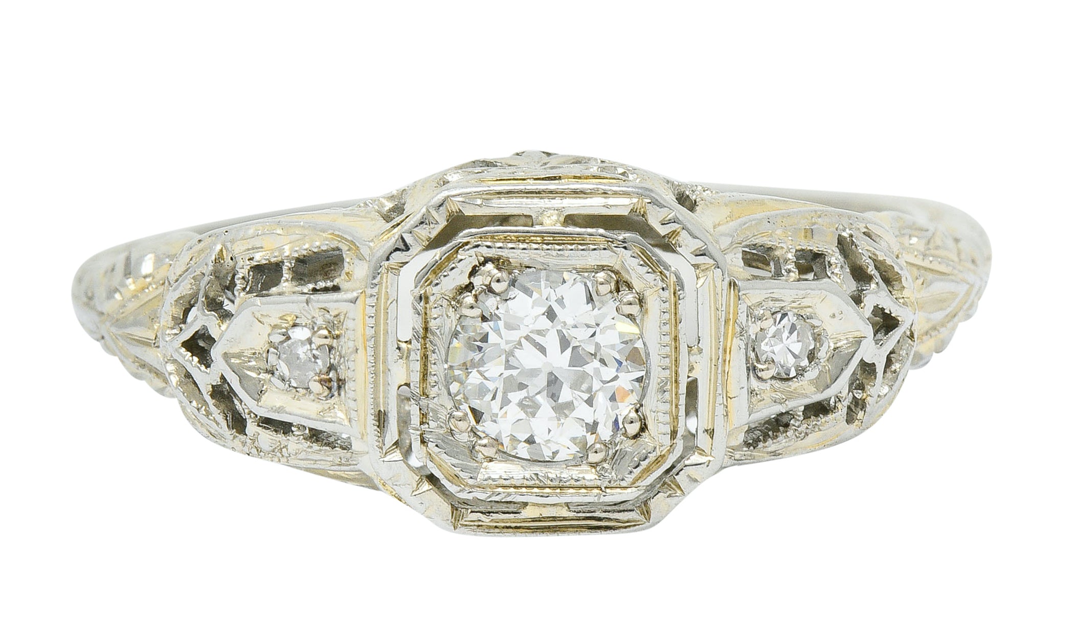 Art Deco 0.40 CTW Diamond 18 Karat White Gold Cushion Engagement RingRing - Wilson's Estate Jewelry