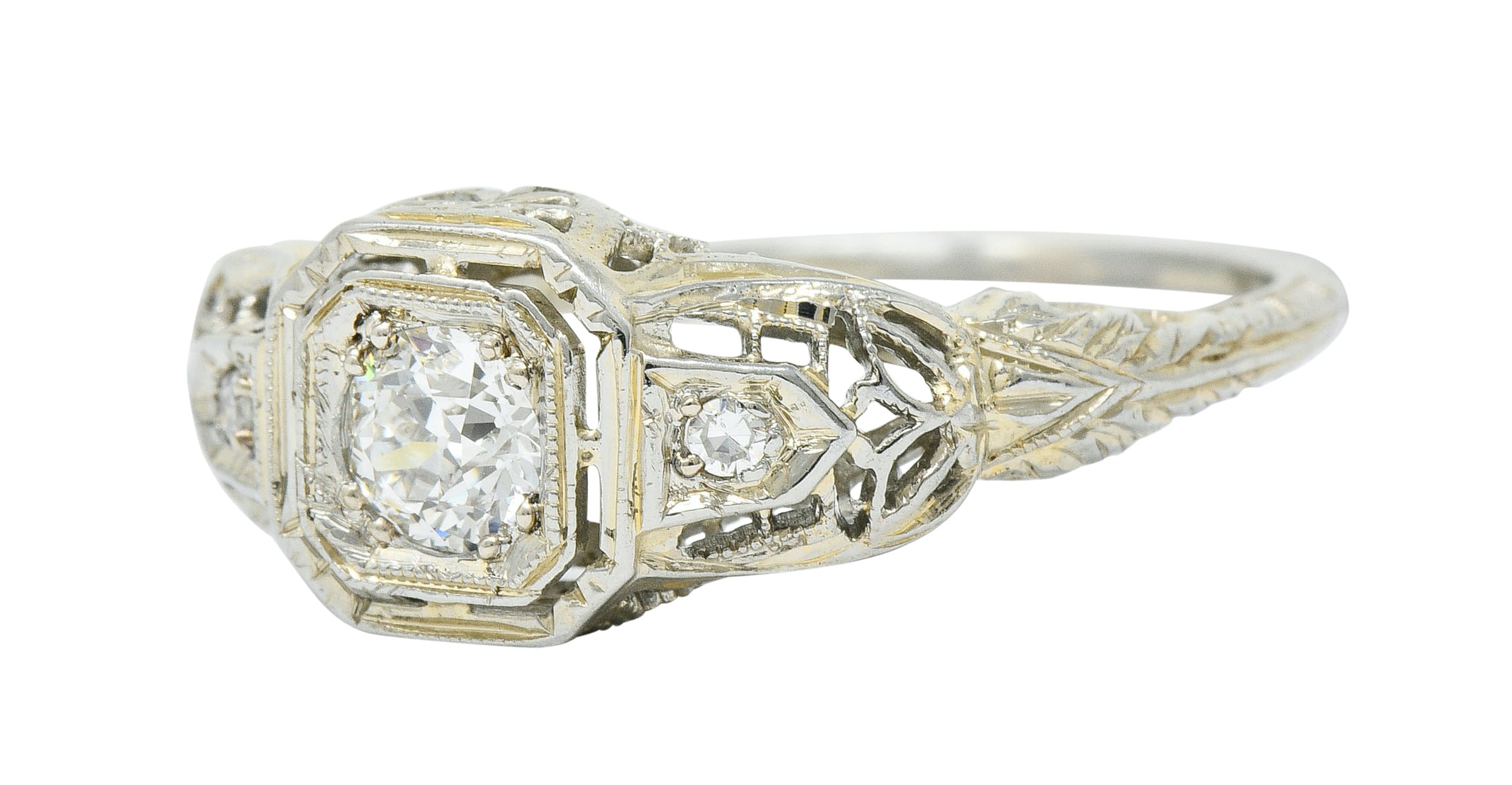 Art Deco 0.40 CTW Diamond 18 Karat White Gold Cushion Engagement RingRing - Wilson's Estate Jewelry