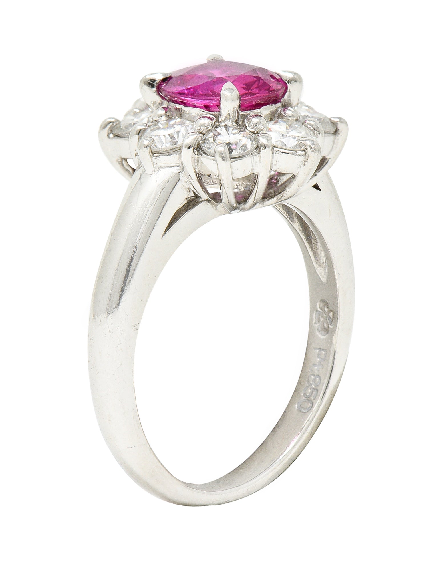 Contemporary 1.89 CTW Oval Cut Ruby Diamond Platinum Cluster Ring Wilson's Estate Jewelry