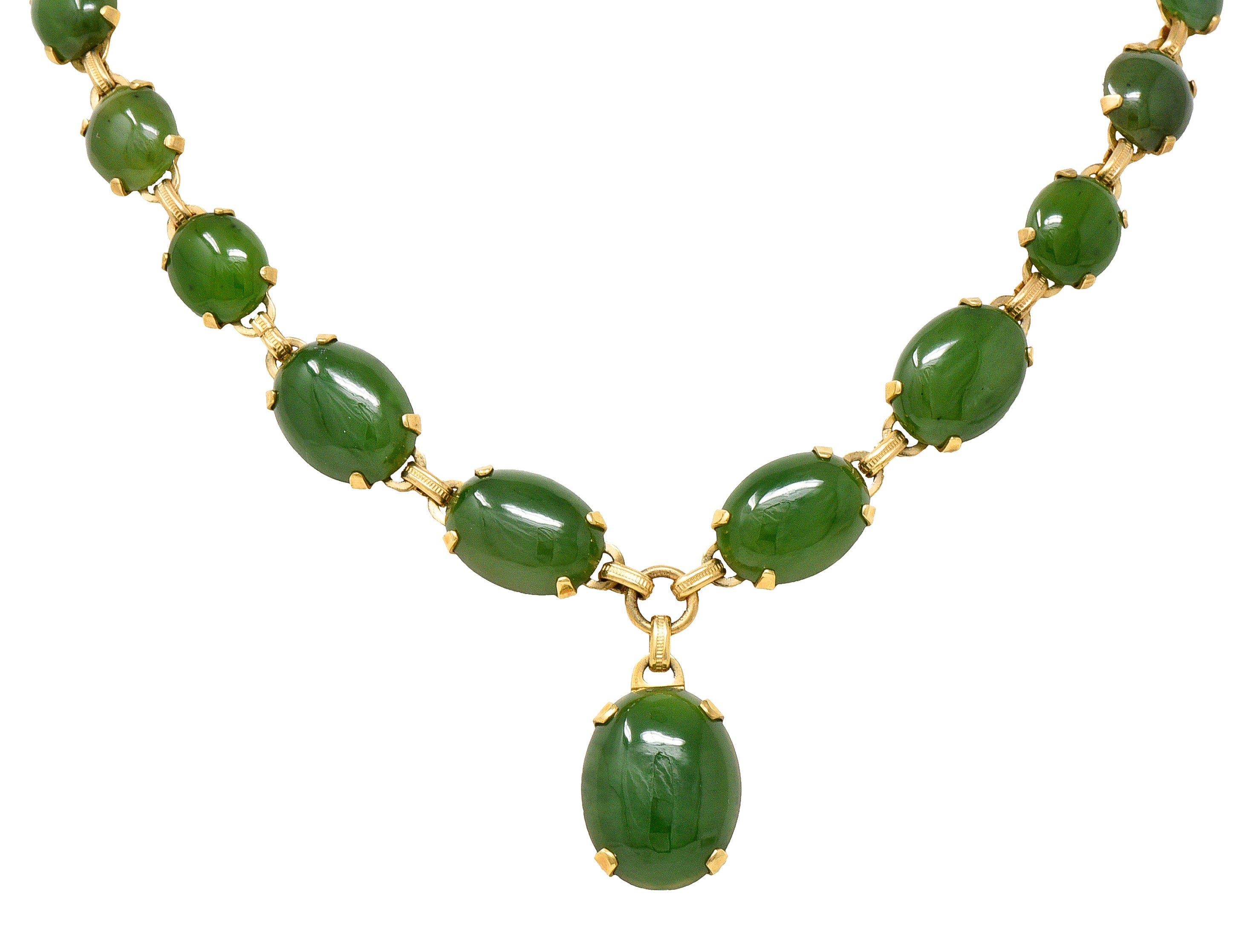 Engel Brothers Art Deco Nephrite Jade 14 Karat Yellow Gold Drop Necklace Wilson's Estate Jewelry