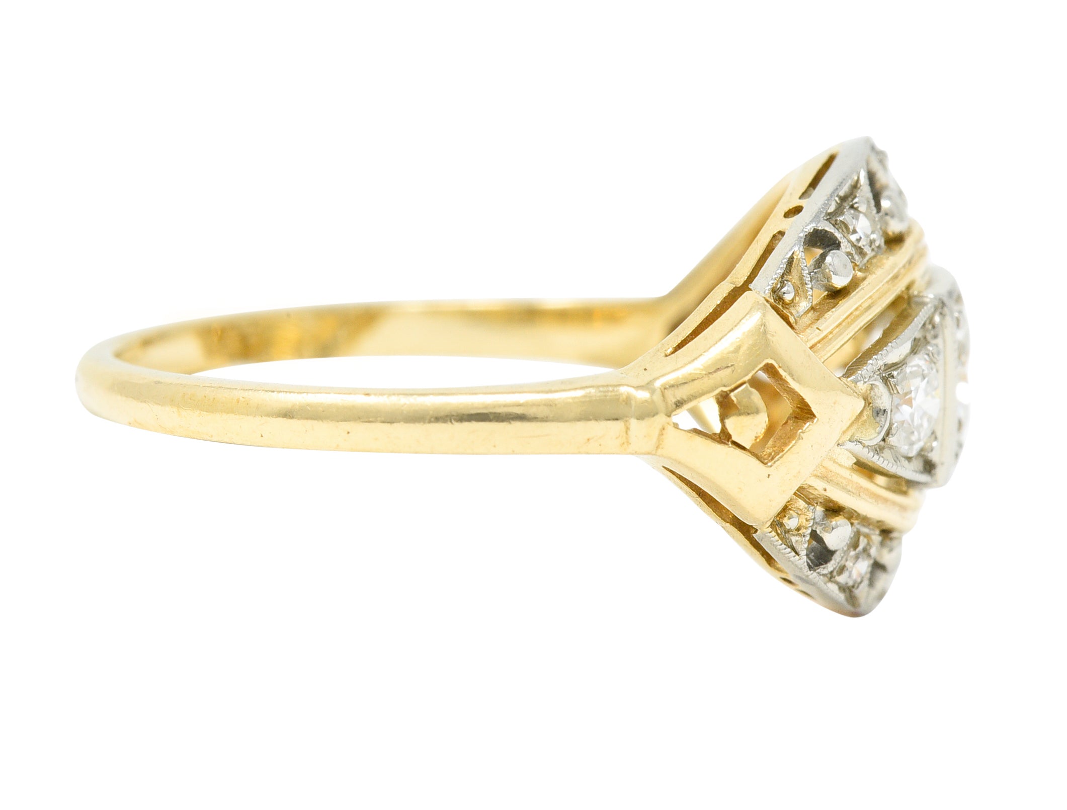 Jabel Art Deco Transitional Cut Diamond 14 Karat Two-Tone Gold Three Stone Bombay Band Ring Wilson's Estate Jewelry