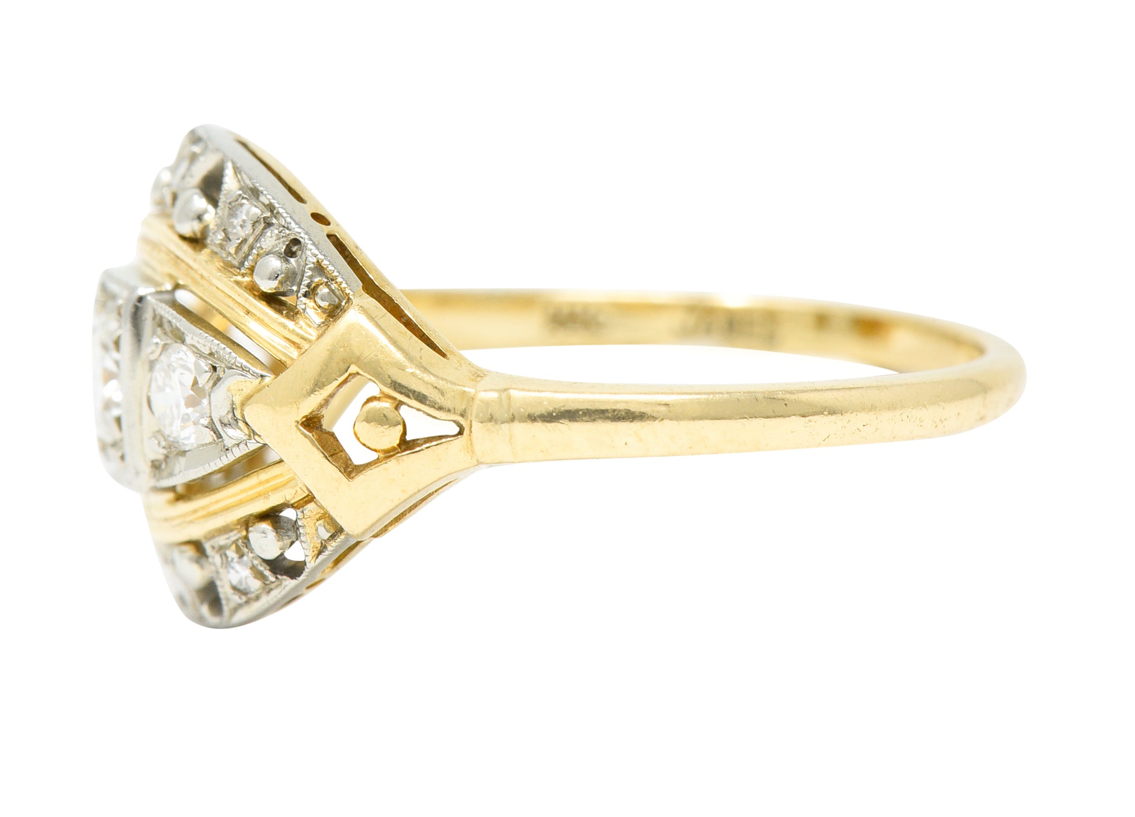 Jabel Art Deco Transitional Cut Diamond 14 Karat Two-Tone Gold Three Stone Bombay Band Ring Wilson's Estate Jewelry