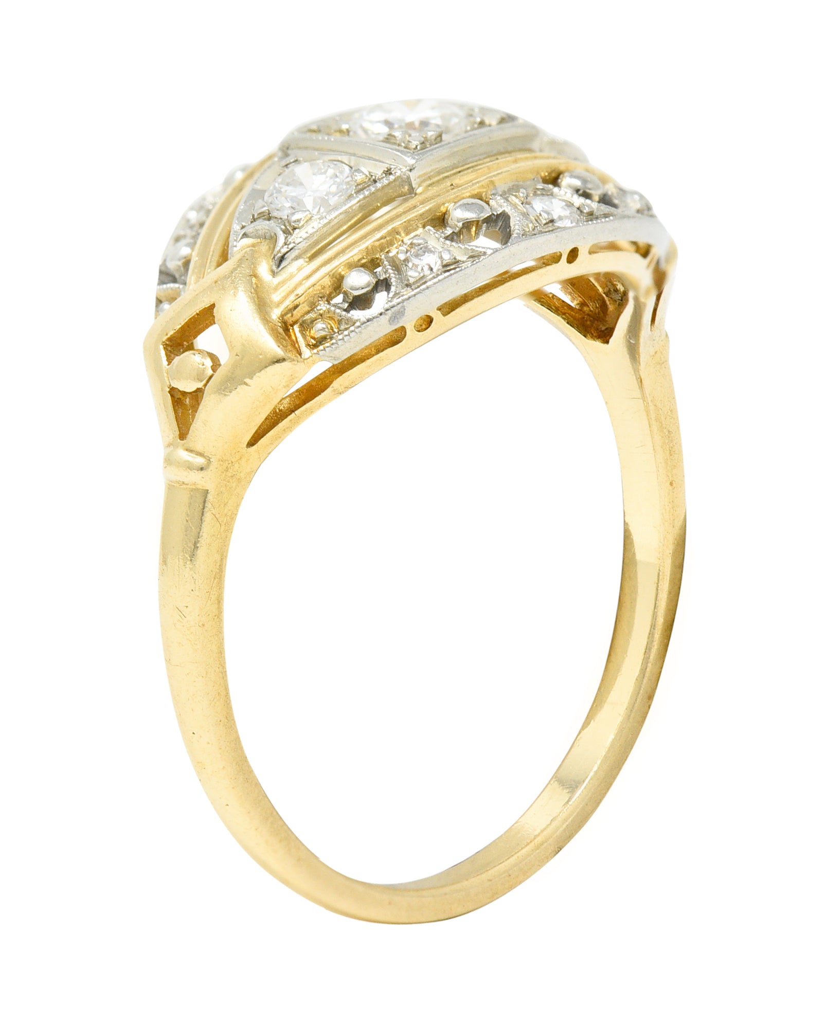 Jabel Art Deco Transitional Cut Diamond 14 Karat Two-Tone Gold Three Stone Bombay Band Ring Wilson's Estate Jewelry