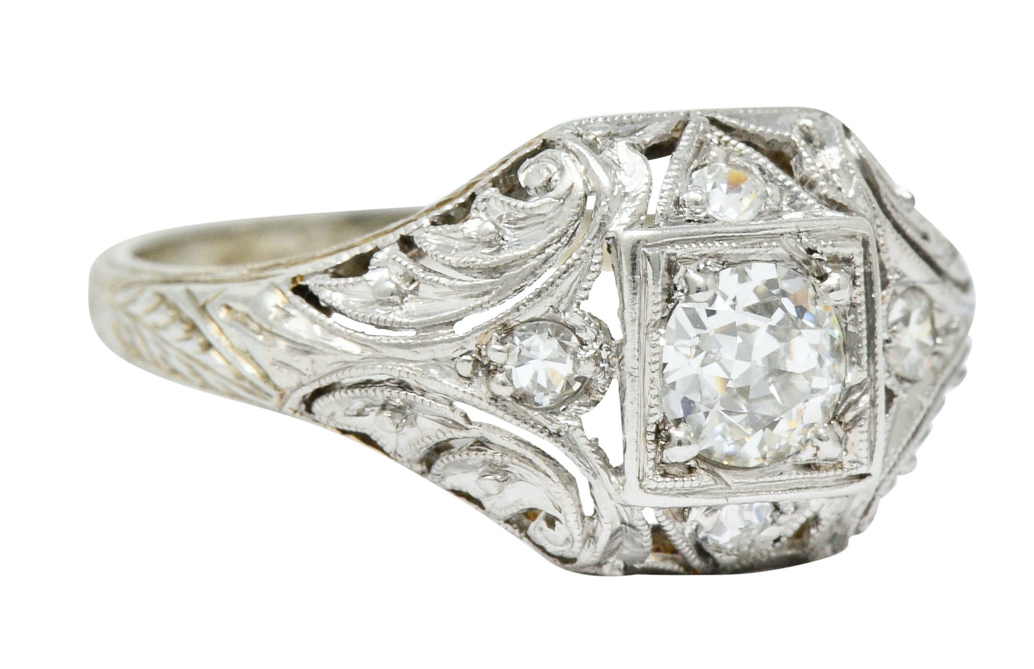 1929 Art Deco 0.45 CTW Diamond Platinum-Topped 18 Karat White Gold Foliate RingRing - Wilson's Estate Jewelry