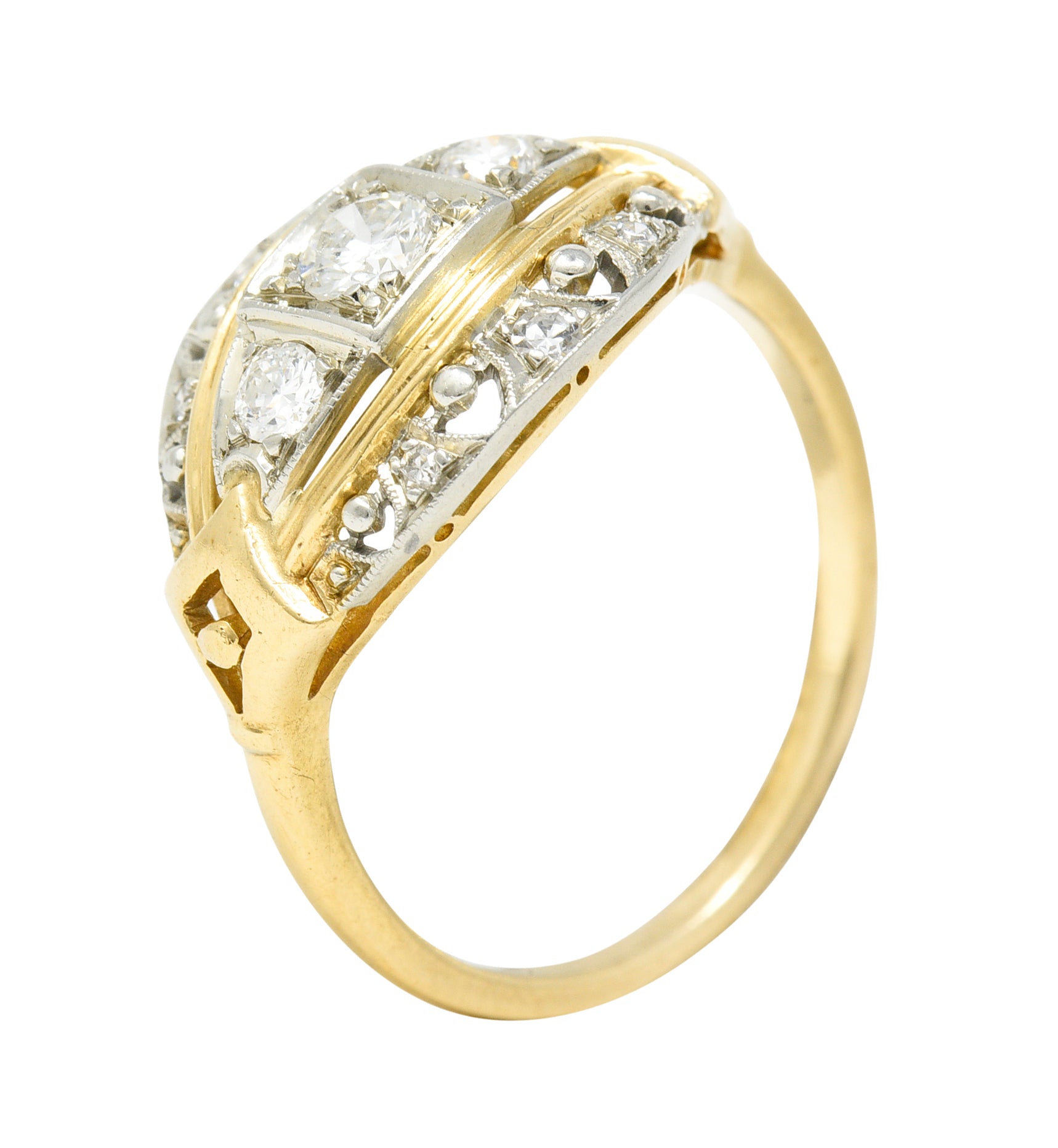 Jabel Art Deco Transitional Cut Diamond 14 Karat Two-Tone Gold Three Stone Bombay Band Ring Wilson's Estate Jewelry