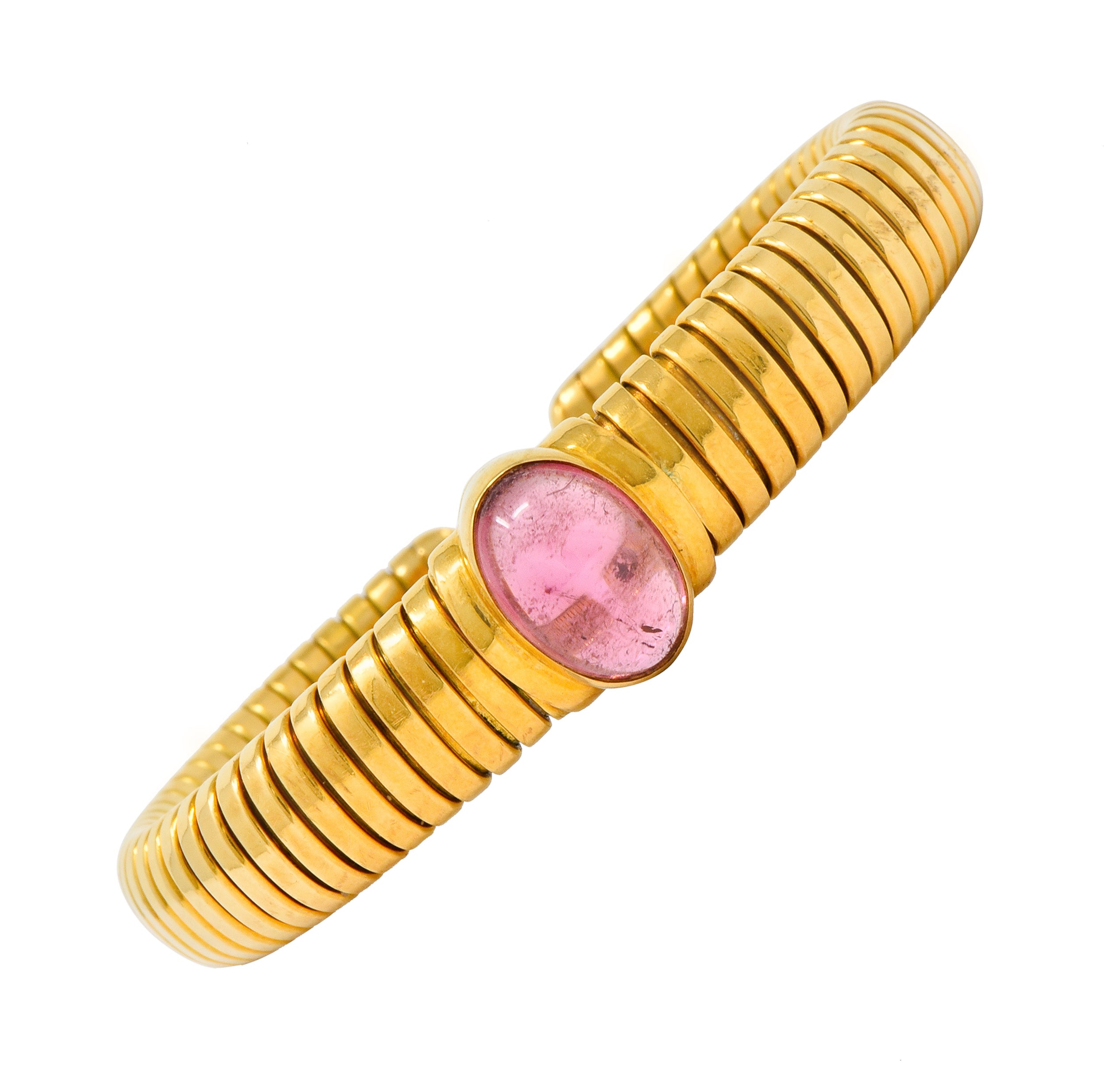 Bulgari Vintage Pink Tourmaline 18 Karat Gold Tubogas Cuff Bracelet - Wilson's Estate Jewelry