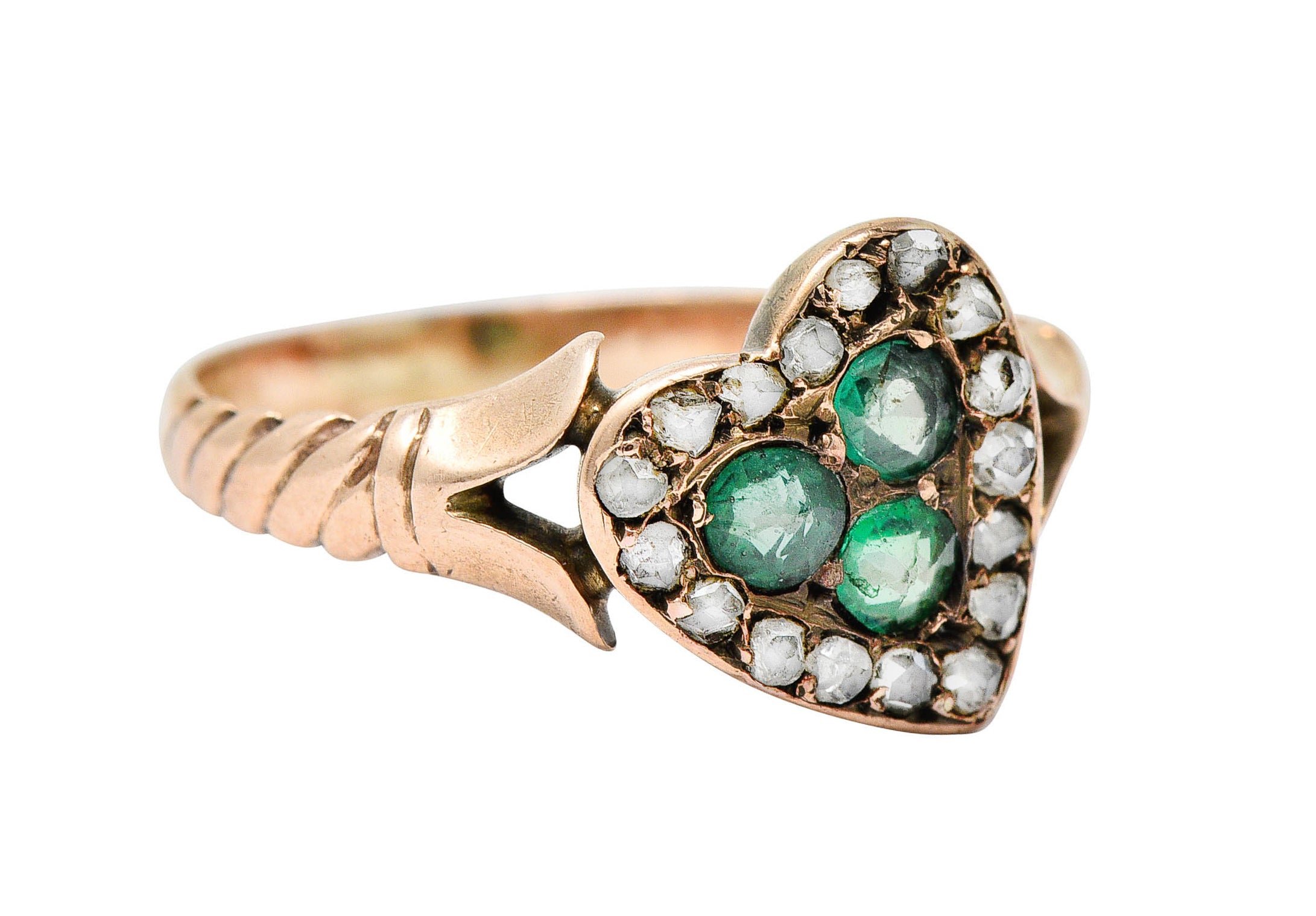 Victorian Diamond & Green Paste 14 Karat Rose Gold Heart RingRing - Wilson's Estate Jewelry