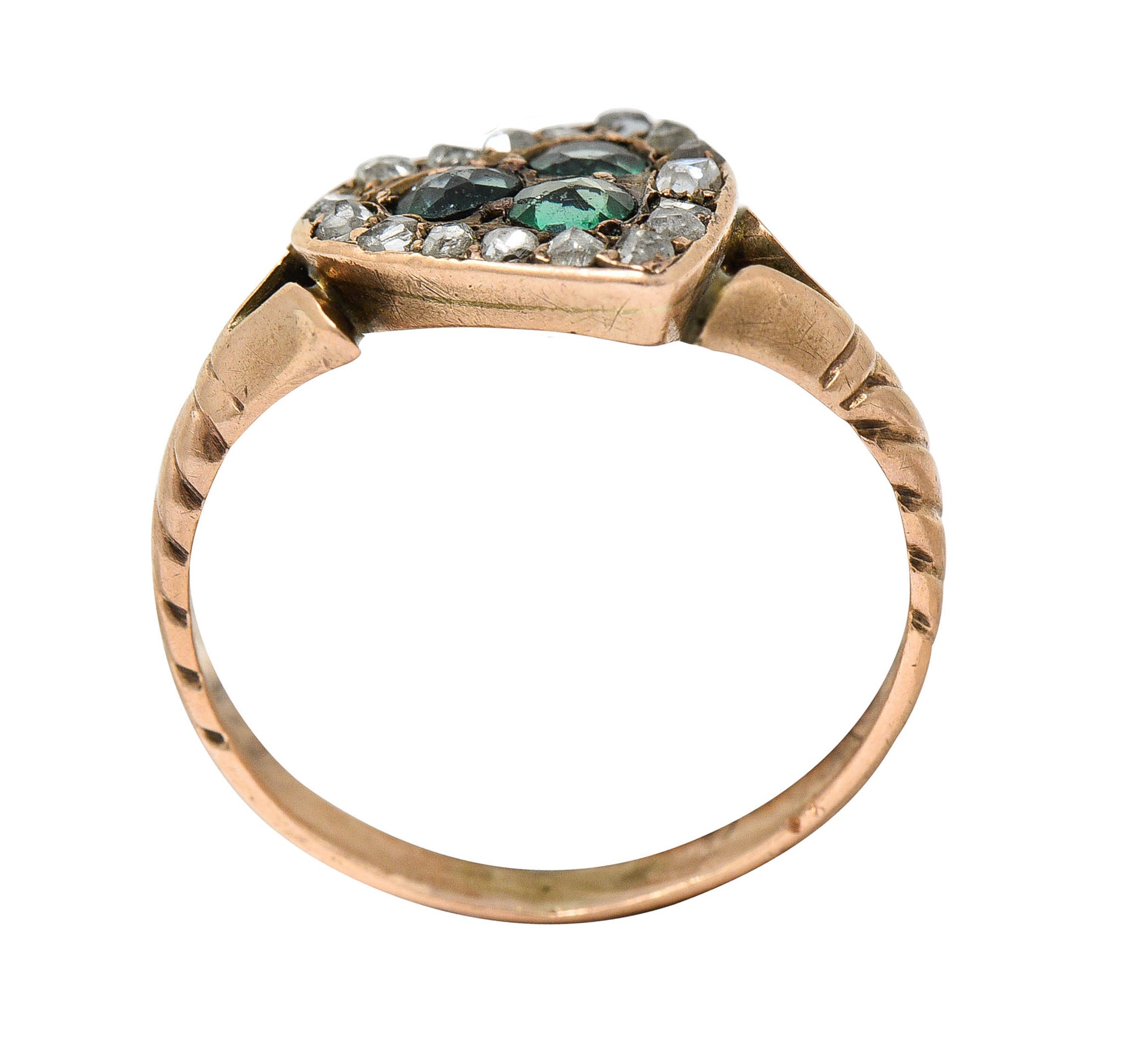 Victorian Diamond & Green Paste 14 Karat Rose Gold Heart RingRing - Wilson's Estate Jewelry