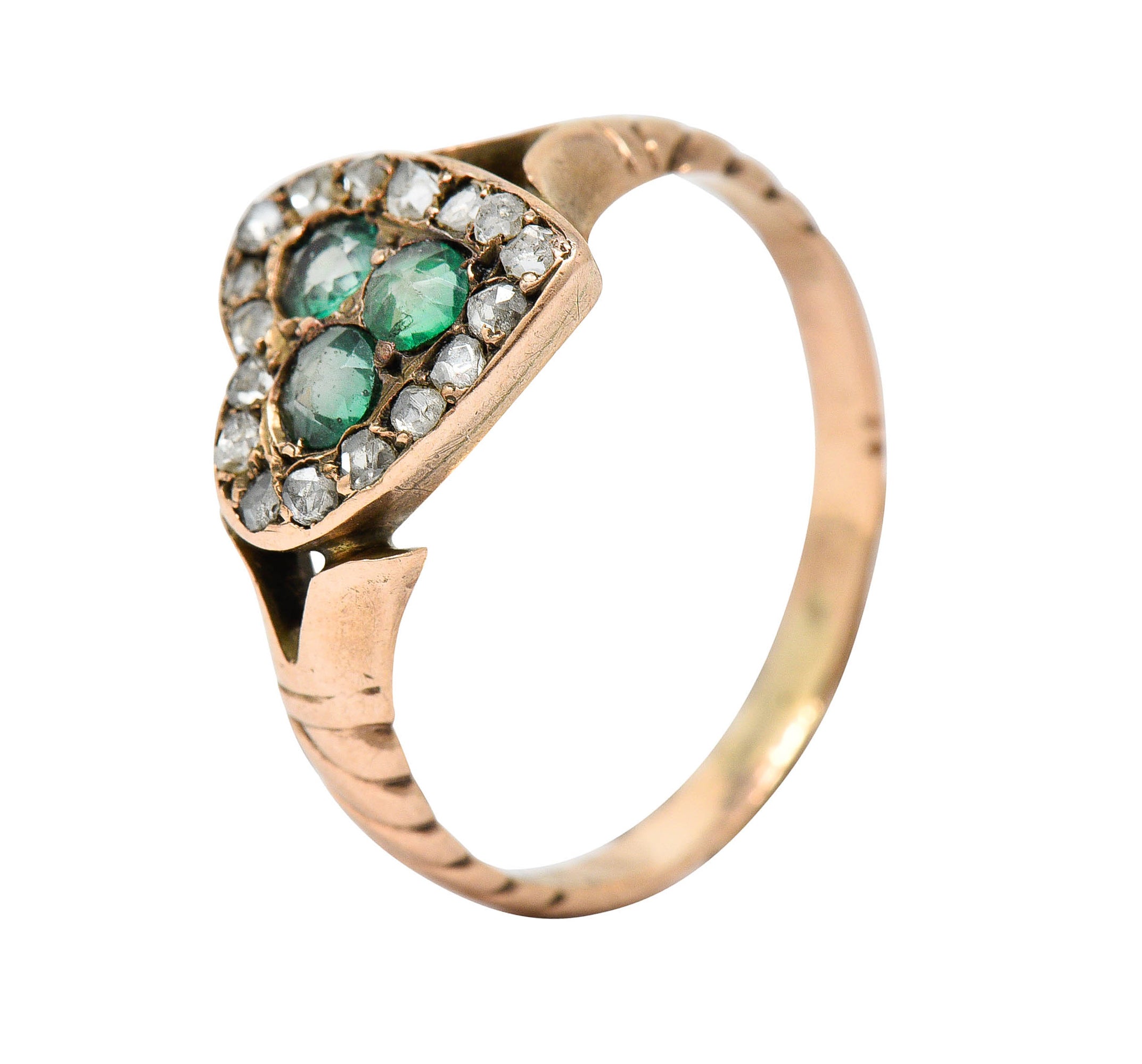 Victorian Diamond & Green Paste 14 Karat Rose Gold Heart RingRing - Wilson's Estate Jewelry