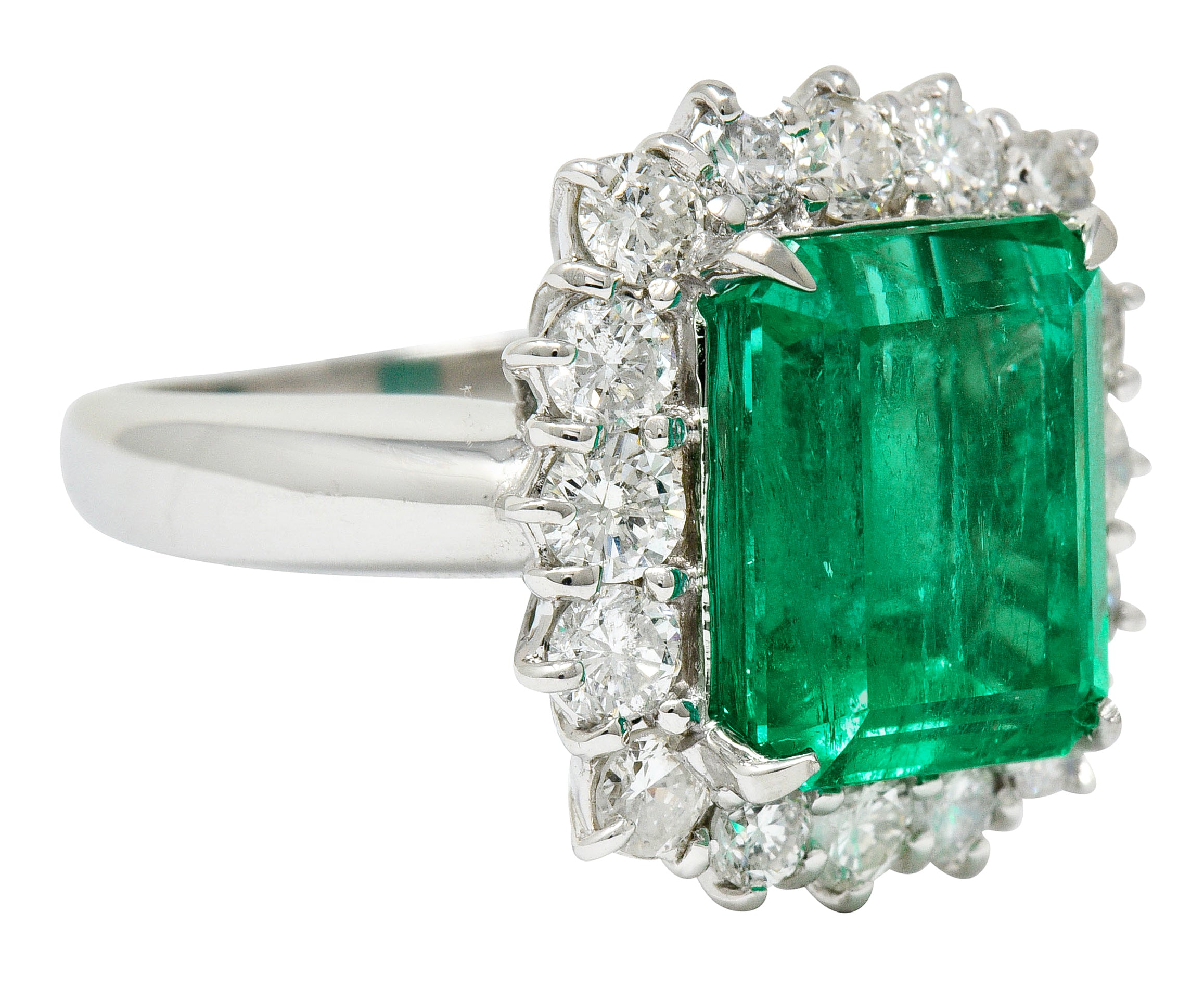 Vivid 7.70 CTW Colombian Emerald Diamond Platinum Cluster Ring GIARing - Wilson's Estate Jewelry