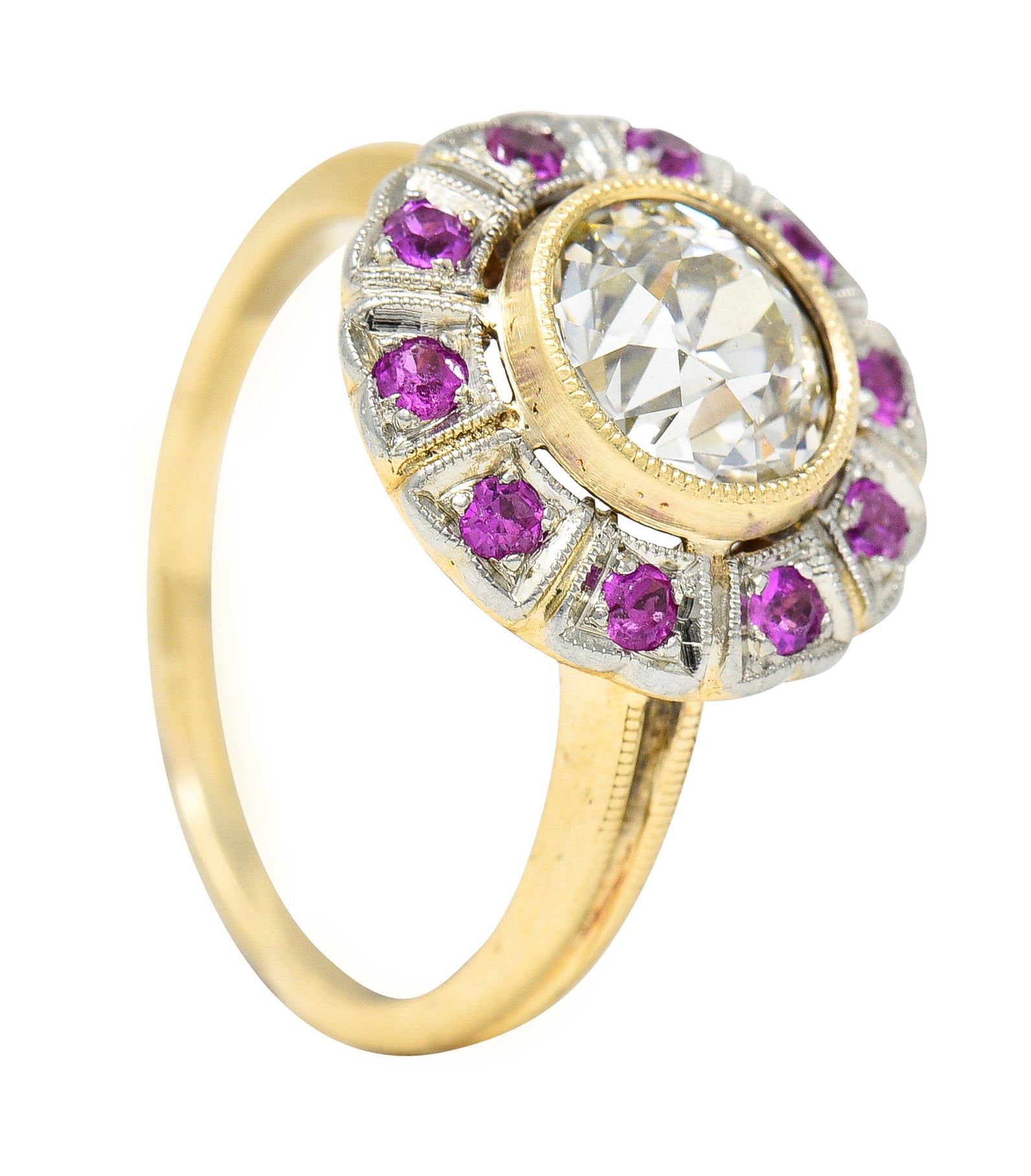 Edwardian 1.49 CTW Old European Diamond Ruby Platinum-Topped 14 Karat Yellow Gold Halo Antique Engagement Ring GIA Wilson's Estate Jewelry