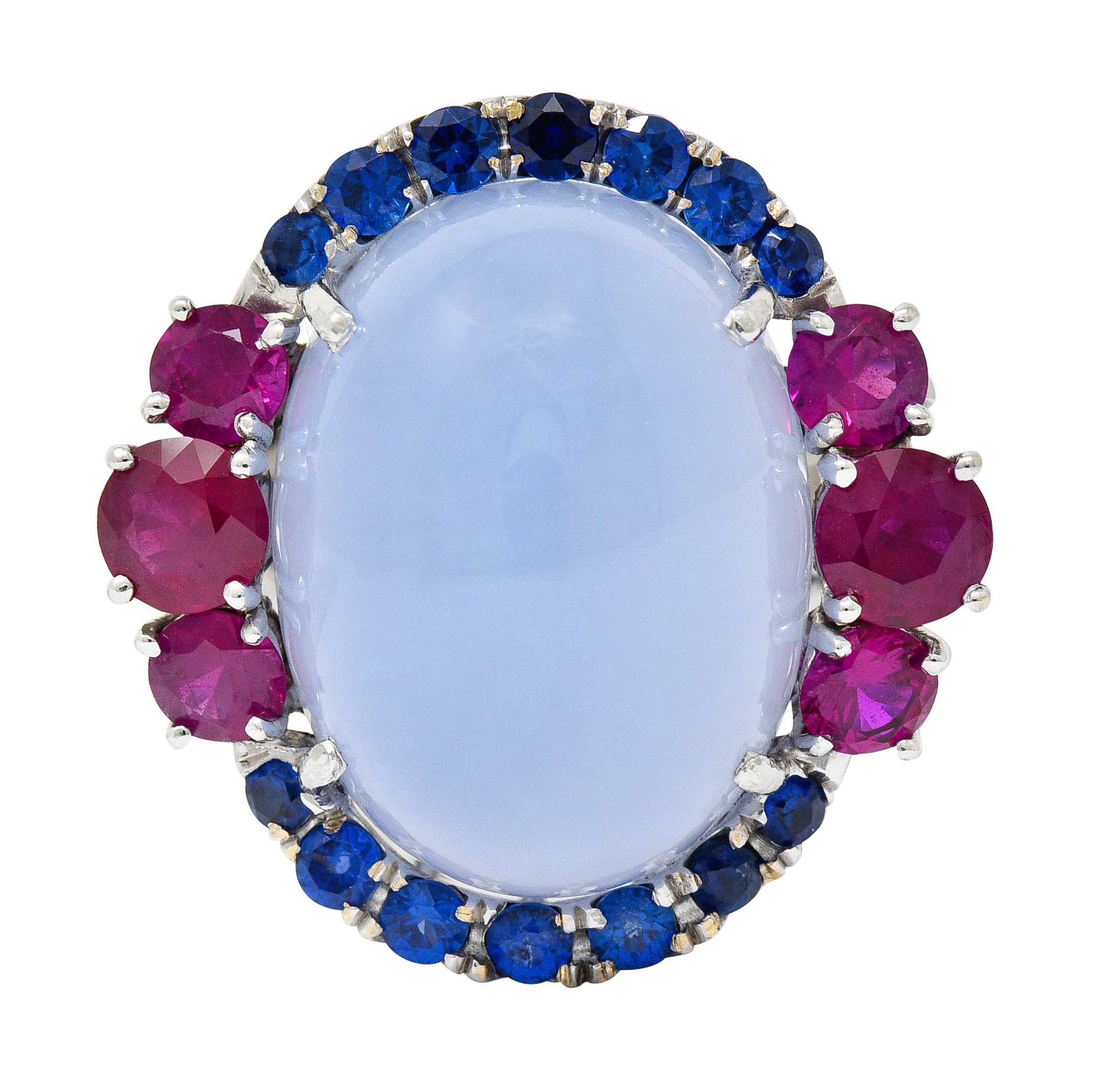 Vintage Blue Chalcedony 2.55 CTW Ruby Sapphire 18 Karat White Gold Cocktail RingRing - Wilson's Estate Jewelry