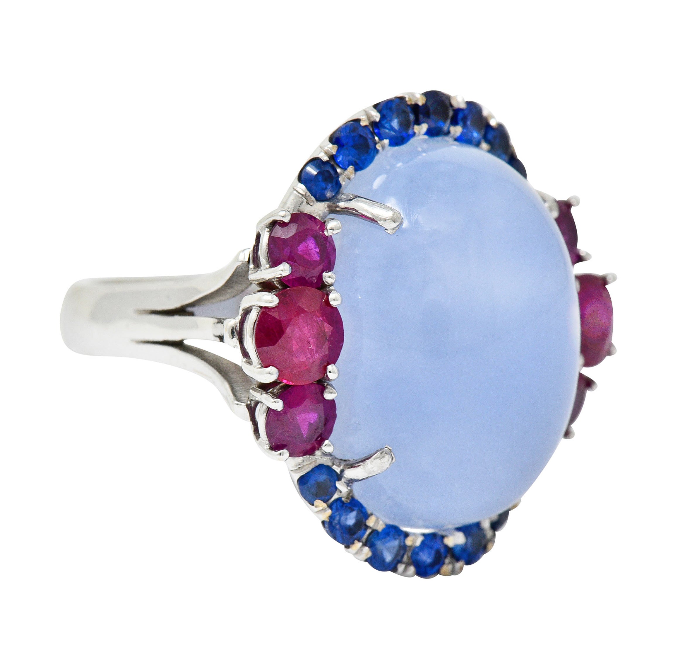 Vintage Blue Chalcedony 2.55 CTW Ruby Sapphire 18 Karat White Gold Cocktail RingRing - Wilson's Estate Jewelry