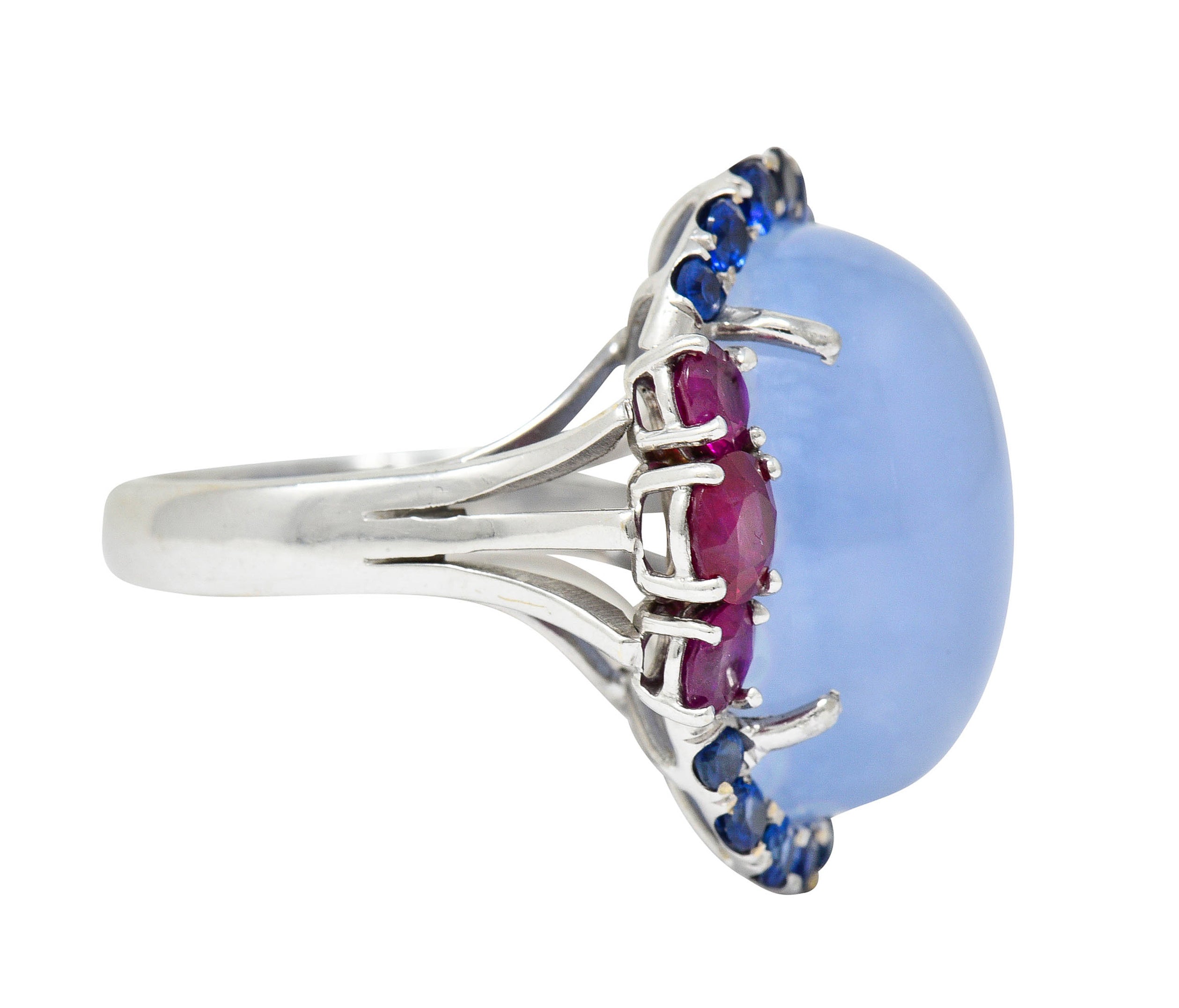 Vintage Blue Chalcedony 2.55 CTW Ruby Sapphire 18 Karat White Gold Cocktail RingRing - Wilson's Estate Jewelry