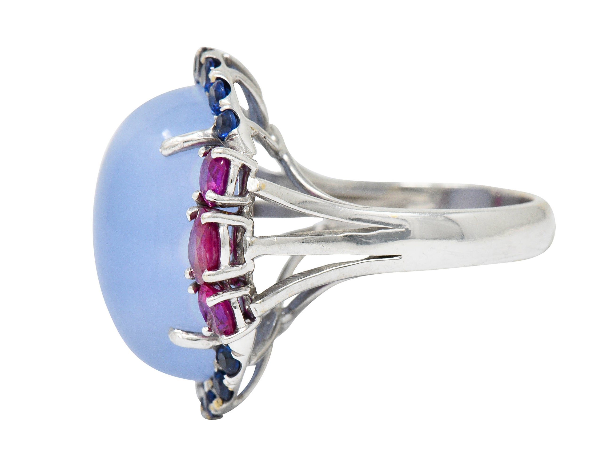 Vintage Blue Chalcedony 2.55 CTW Ruby Sapphire 18 Karat White Gold Cocktail RingRing - Wilson's Estate Jewelry