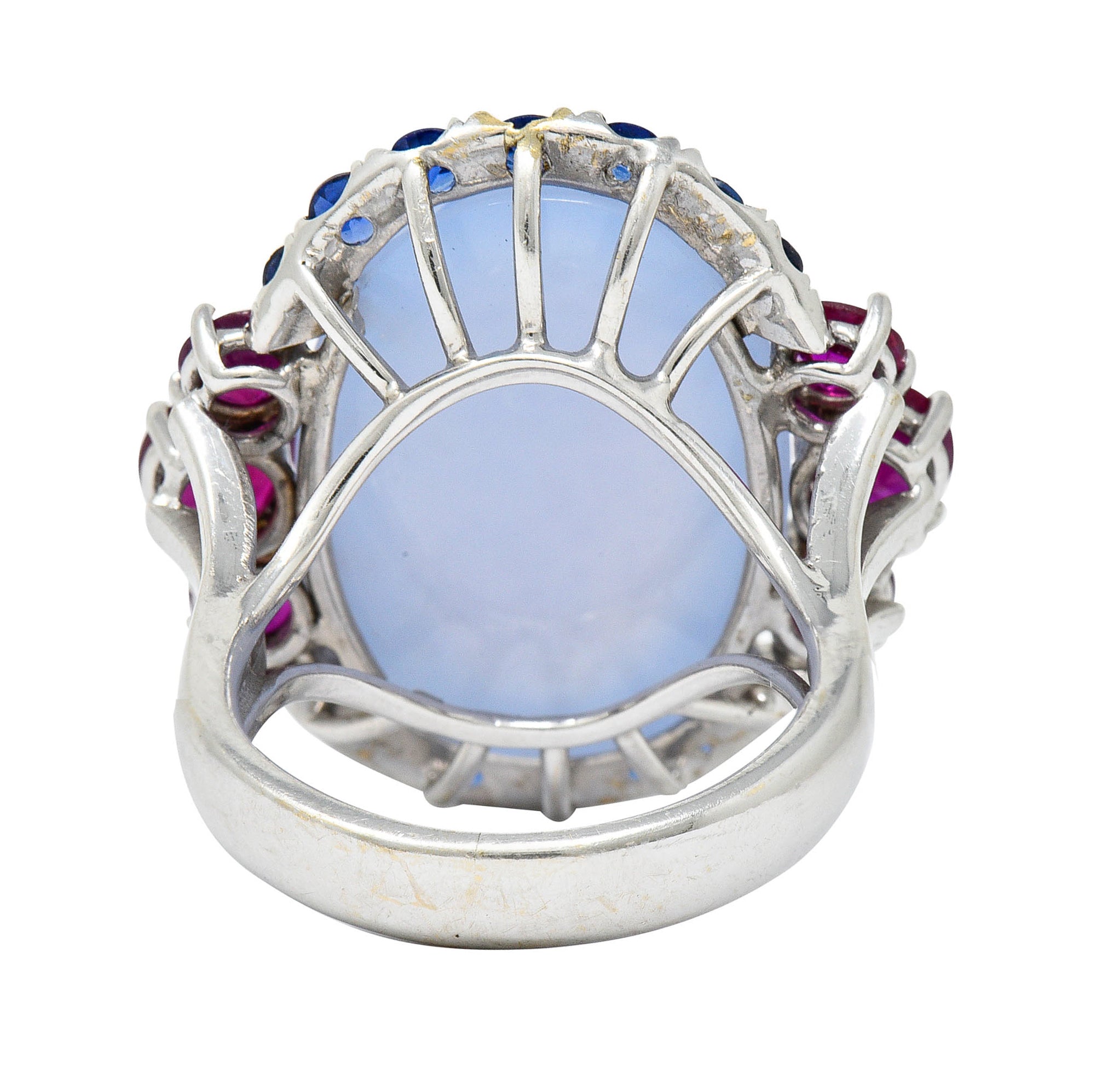 Vintage Blue Chalcedony 2.55 CTW Ruby Sapphire 18 Karat White Gold Cocktail RingRing - Wilson's Estate Jewelry