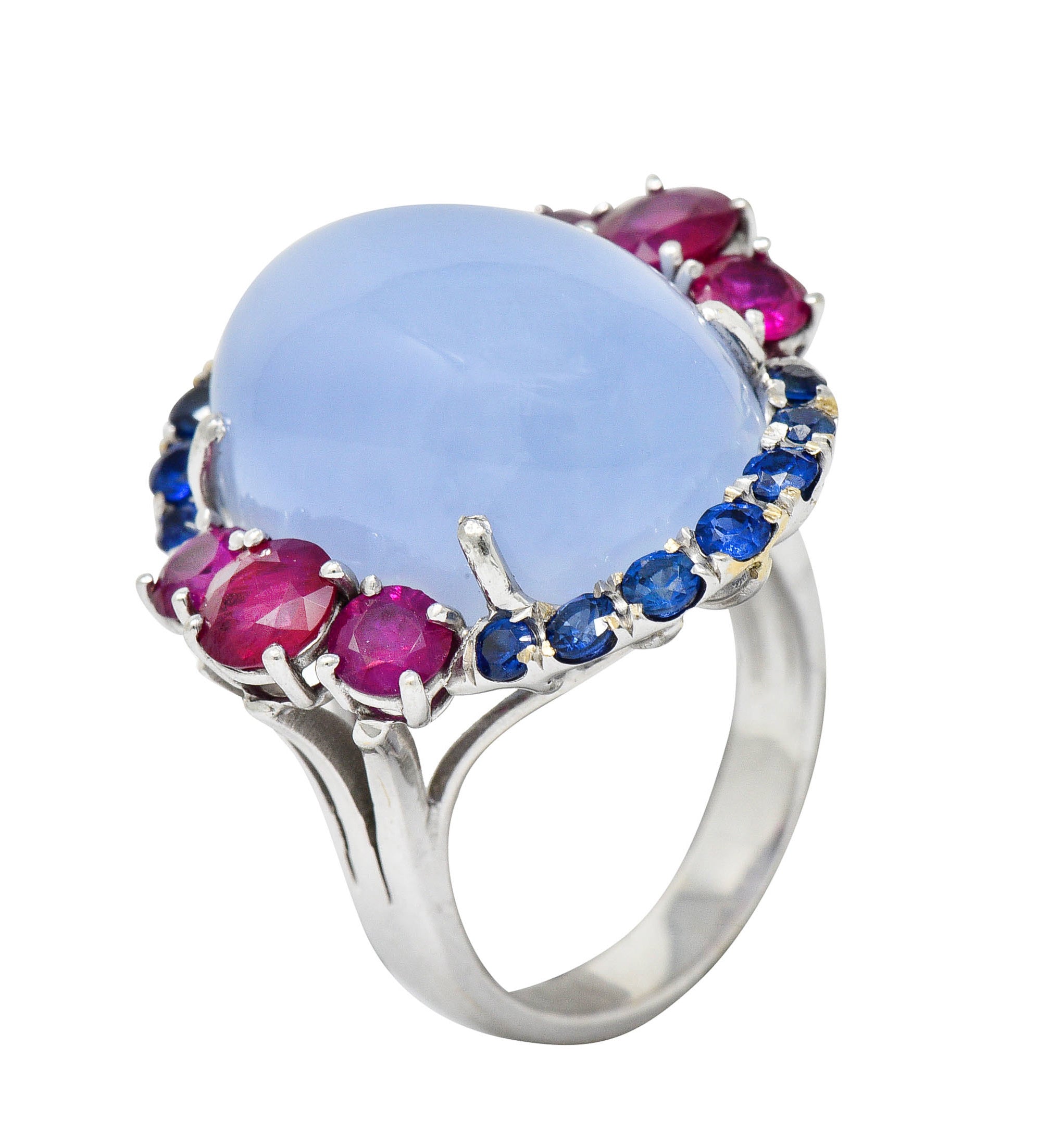 Vintage Blue Chalcedony 2.55 CTW Ruby Sapphire 18 Karat White Gold Cocktail RingRing - Wilson's Estate Jewelry