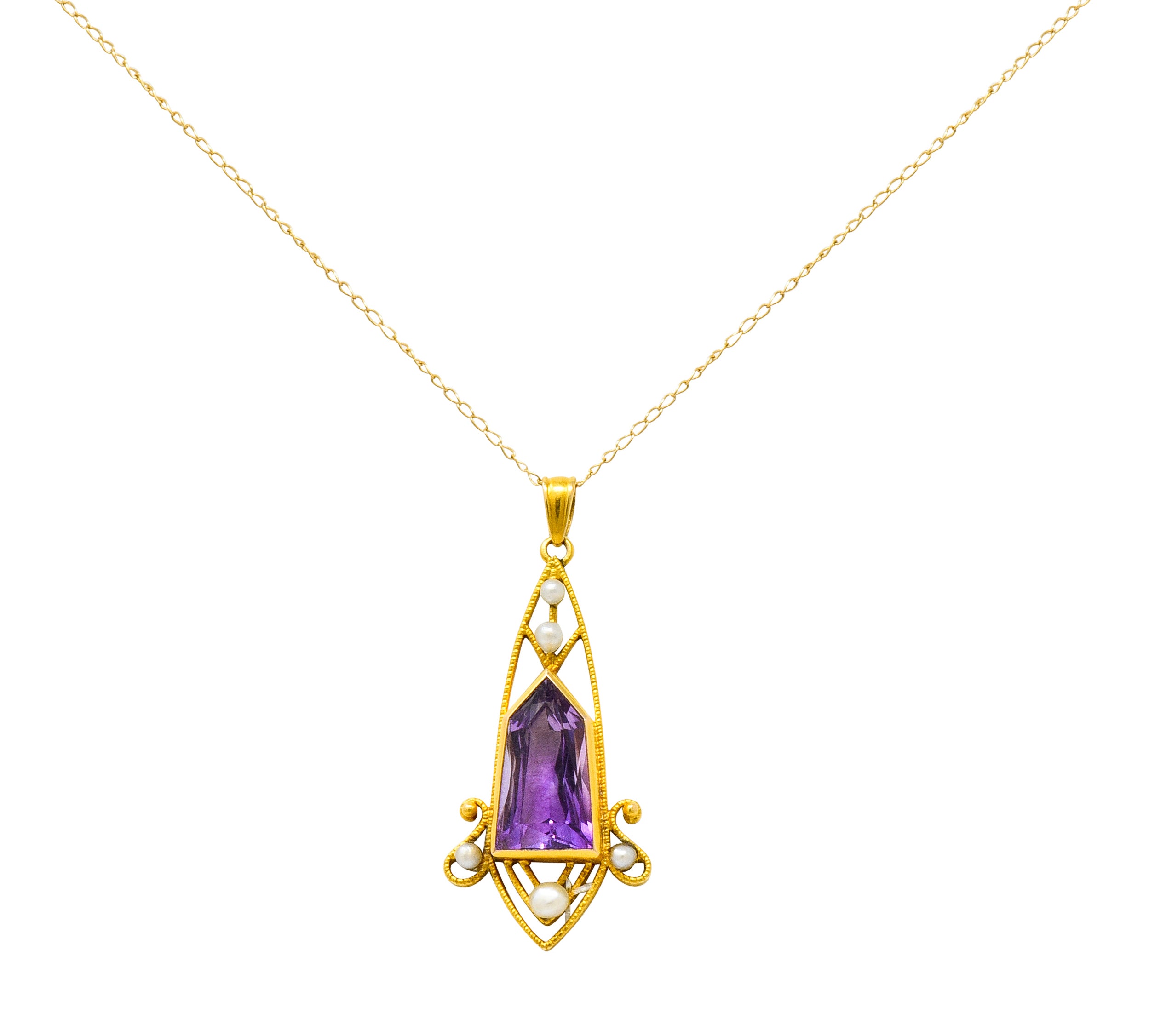 Art Nouveau Freshwater Pearl Fantasy Cut Amethyst 14 Karat Gold Pendant Necklace - Wilson's Estate Jewelry