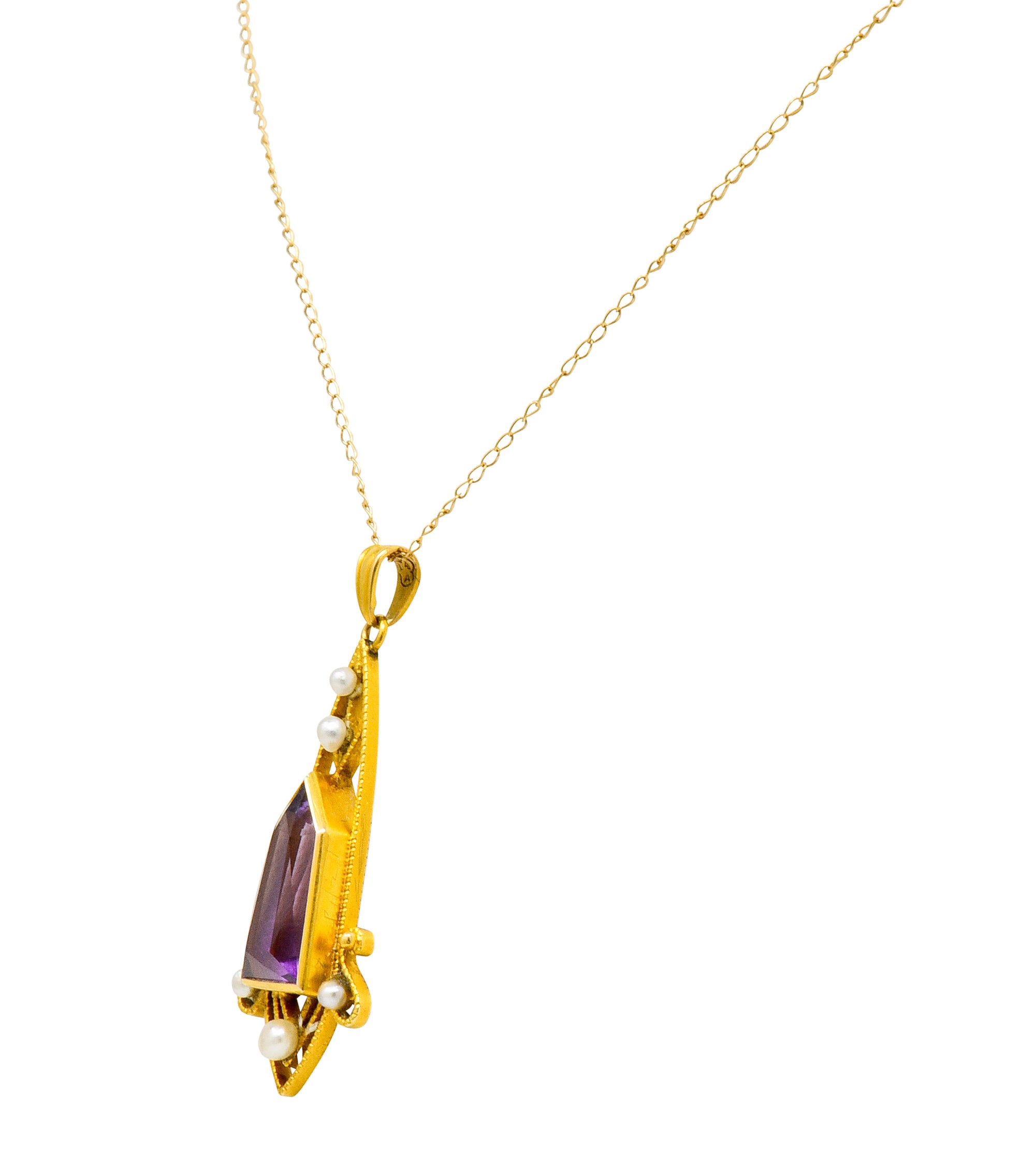 Art Nouveau Freshwater Pearl Fantasy Cut Amethyst 14 Karat Gold Pendant Necklace - Wilson's Estate Jewelry