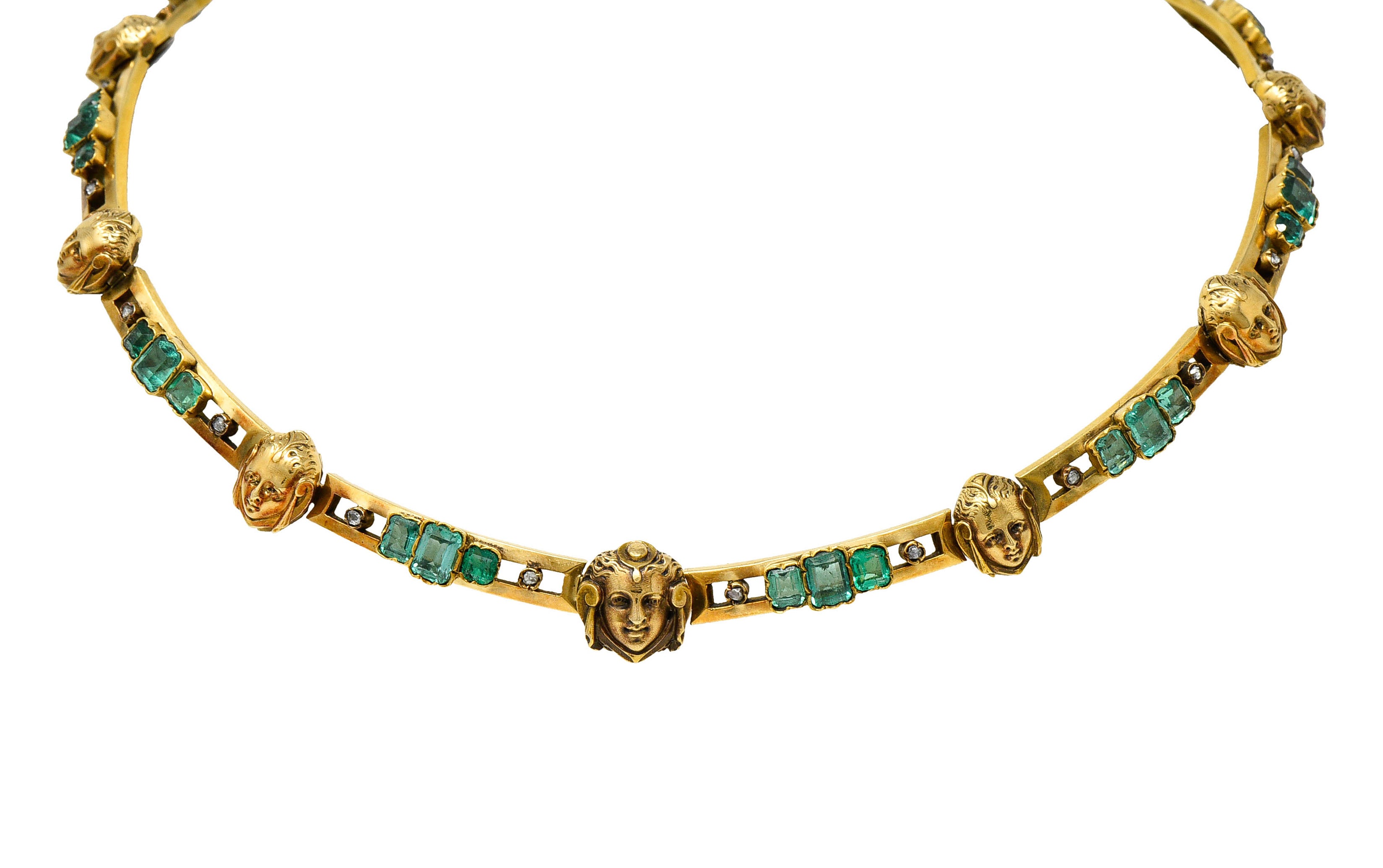 French Art Nouveau Emerald Diamond 18 Karat Gold Figural Collar NecklaceNecklace - Wilson's Estate Jewelry