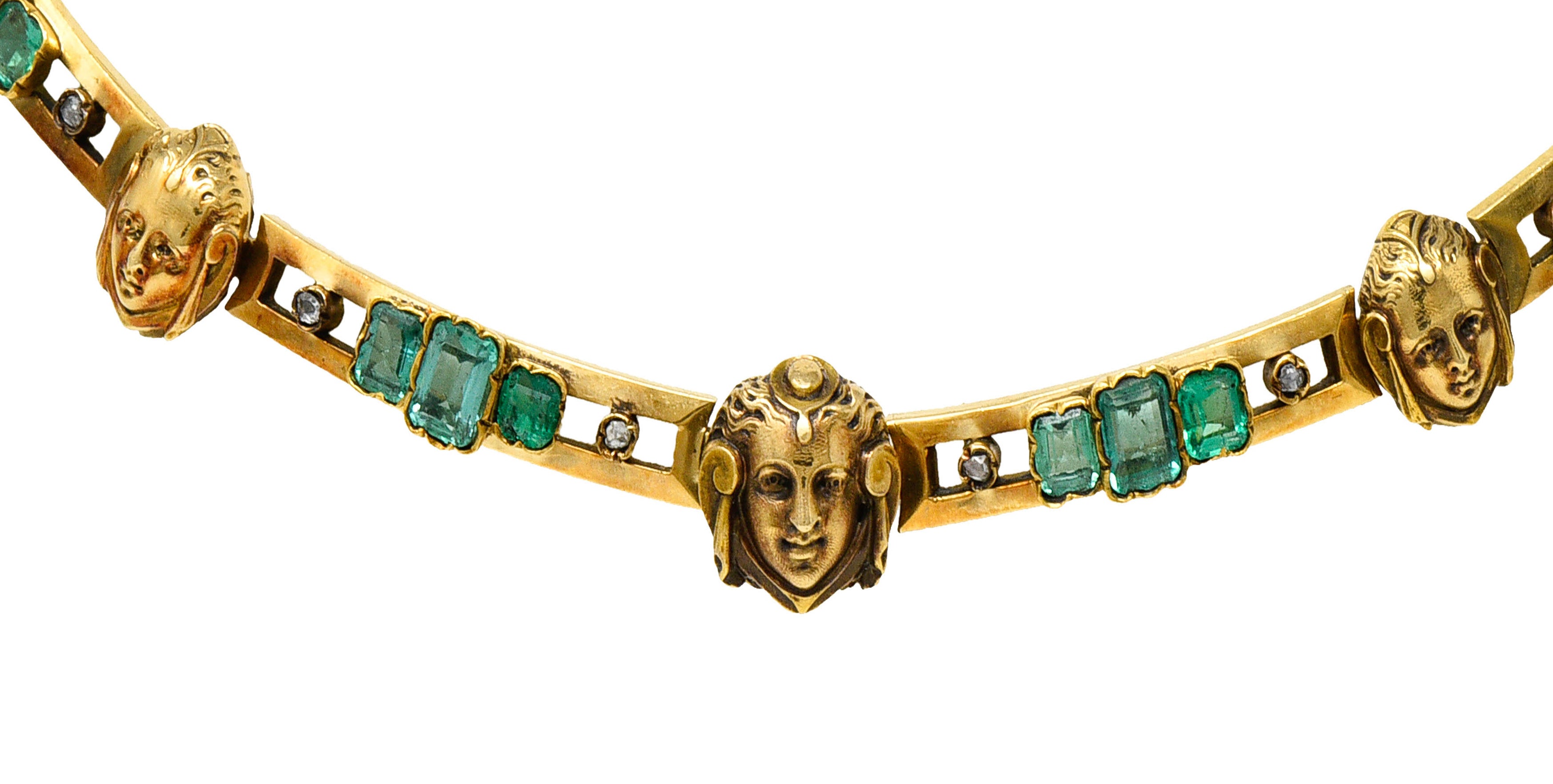 French Art Nouveau Emerald Diamond 18 Karat Gold Figural Collar NecklaceNecklace - Wilson's Estate Jewelry